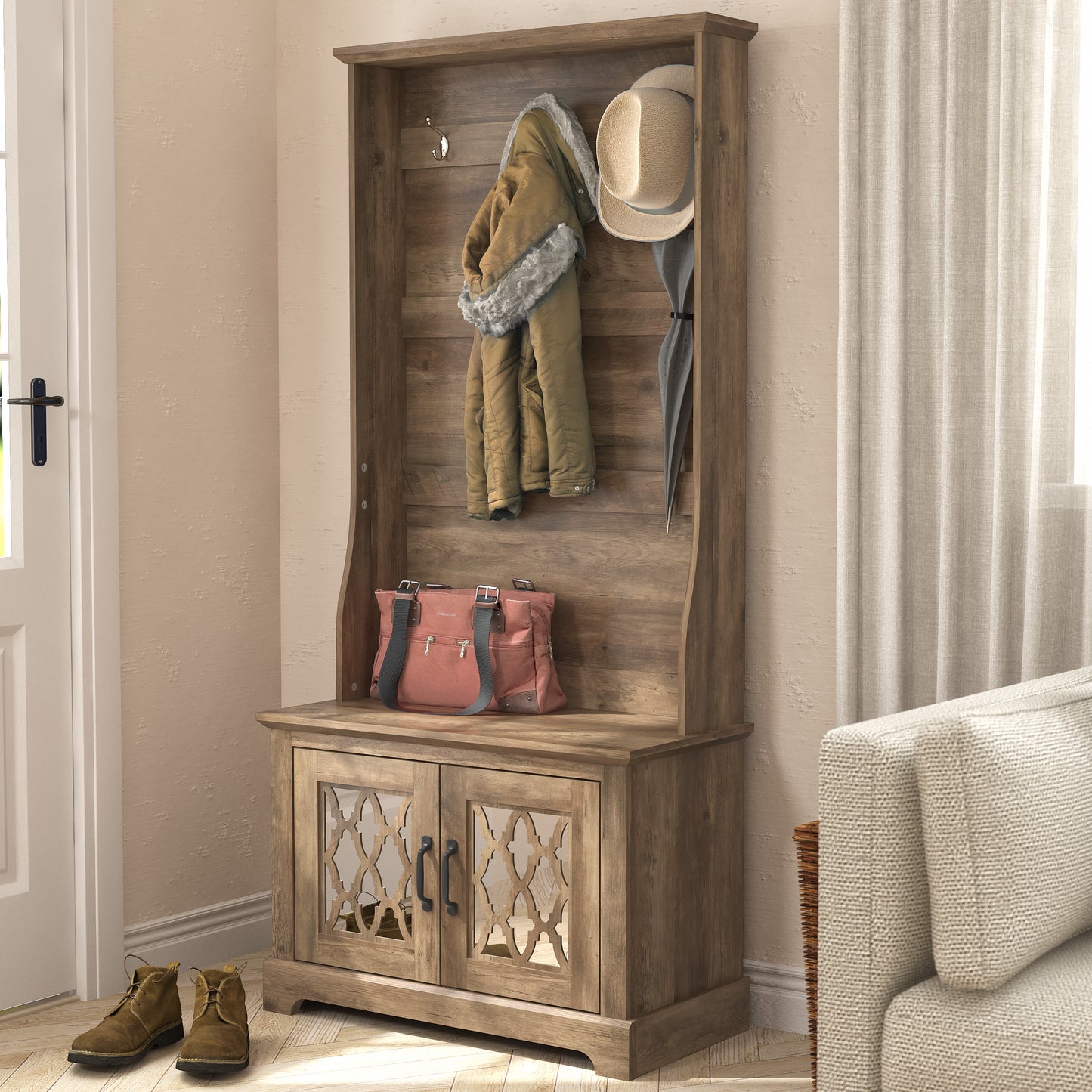 GALANO Hall Tree with Bench and Mirror Door Storage in Knotty Oak 31.3" W x 15.7" D x 68.3" H