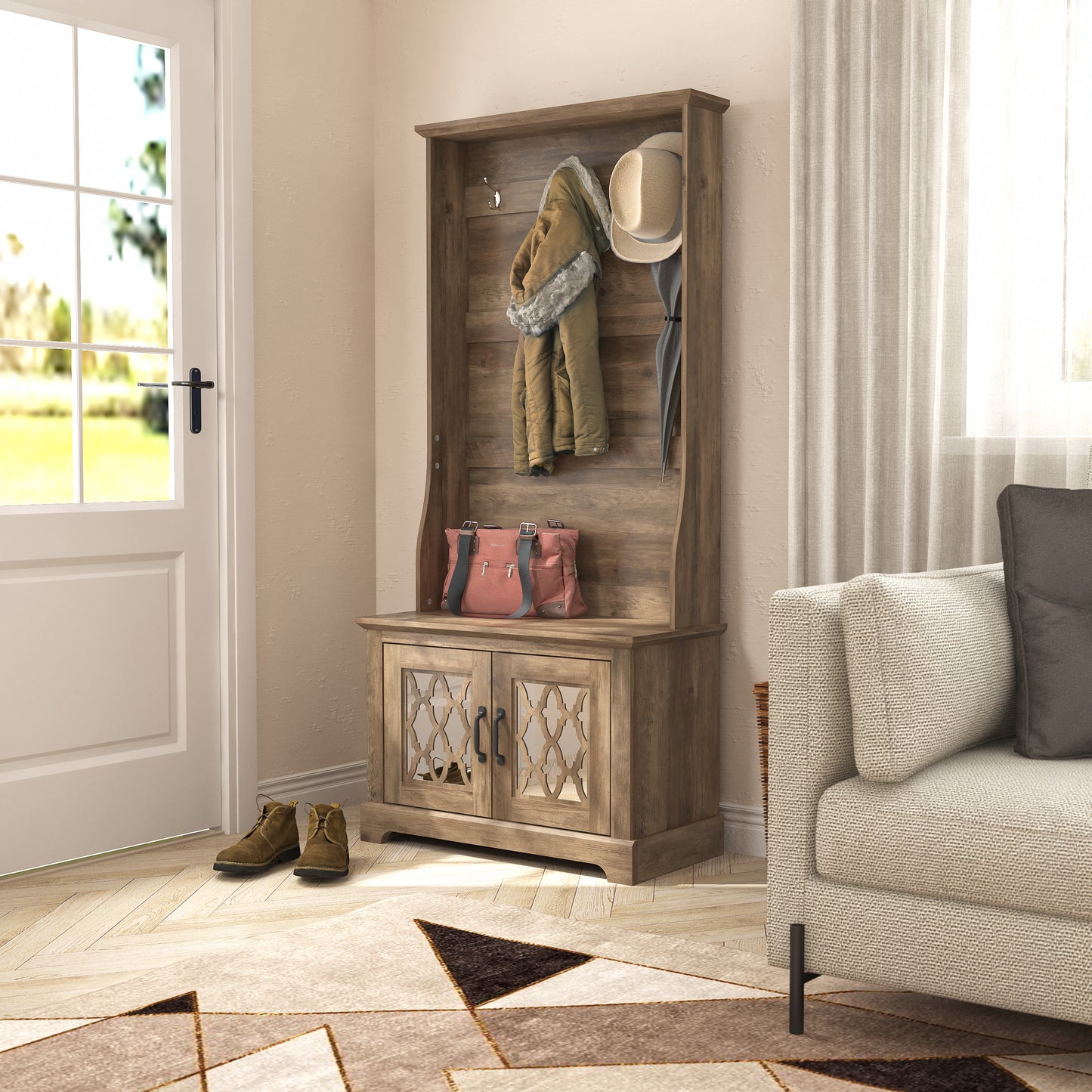 GALANO Hall Tree with Bench and Mirror Door Storage in Knotty Oak 31.3" W x 15.7" D x 68.3" H