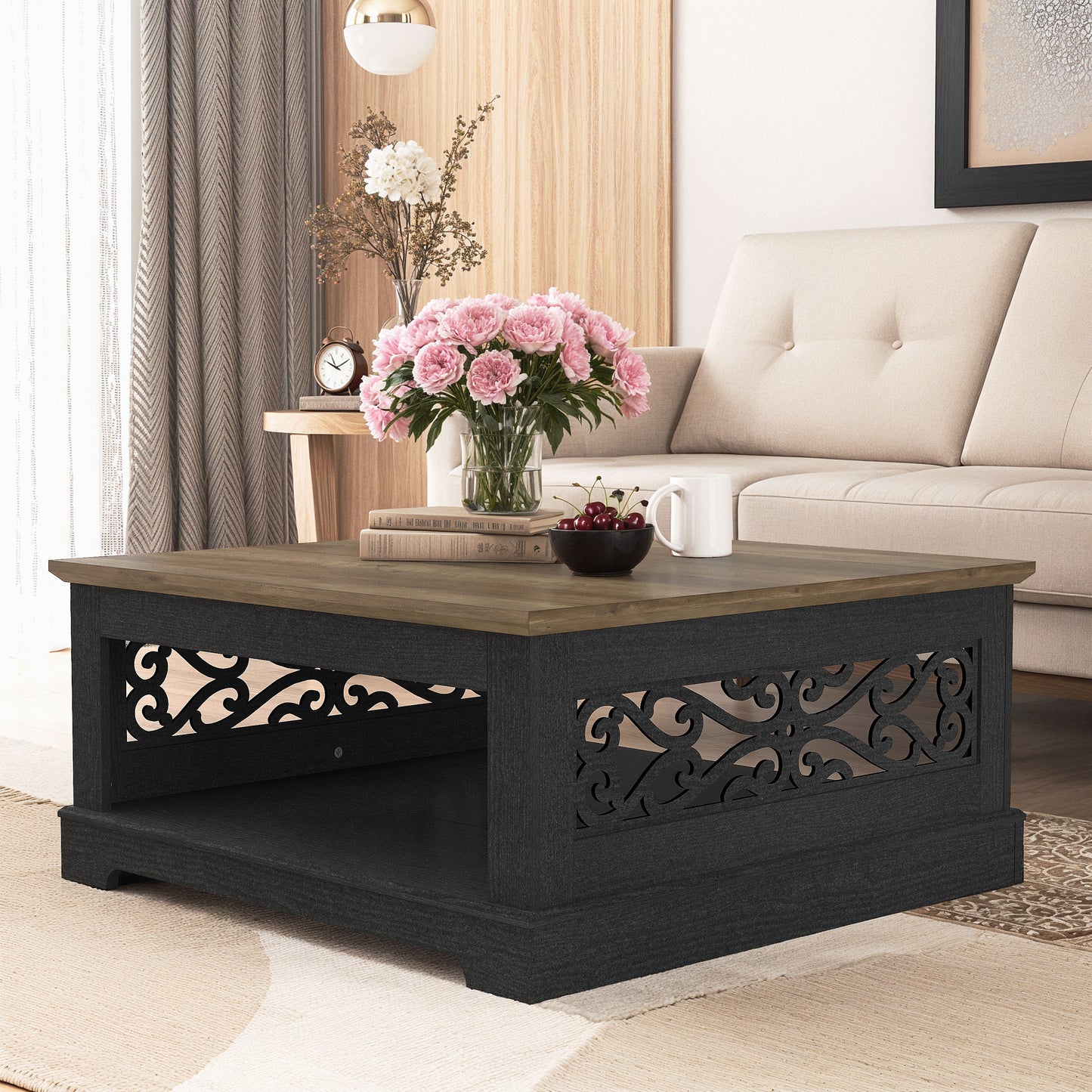 Galano Wood Coffee Table with Storage Shelf 34.8" W x 34.8" D x 16.1" H