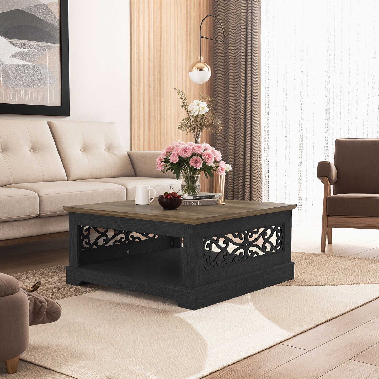 Galano Wood Coffee Table with Storage Shelf 34.8" W x 34.8" D x 16.1" H