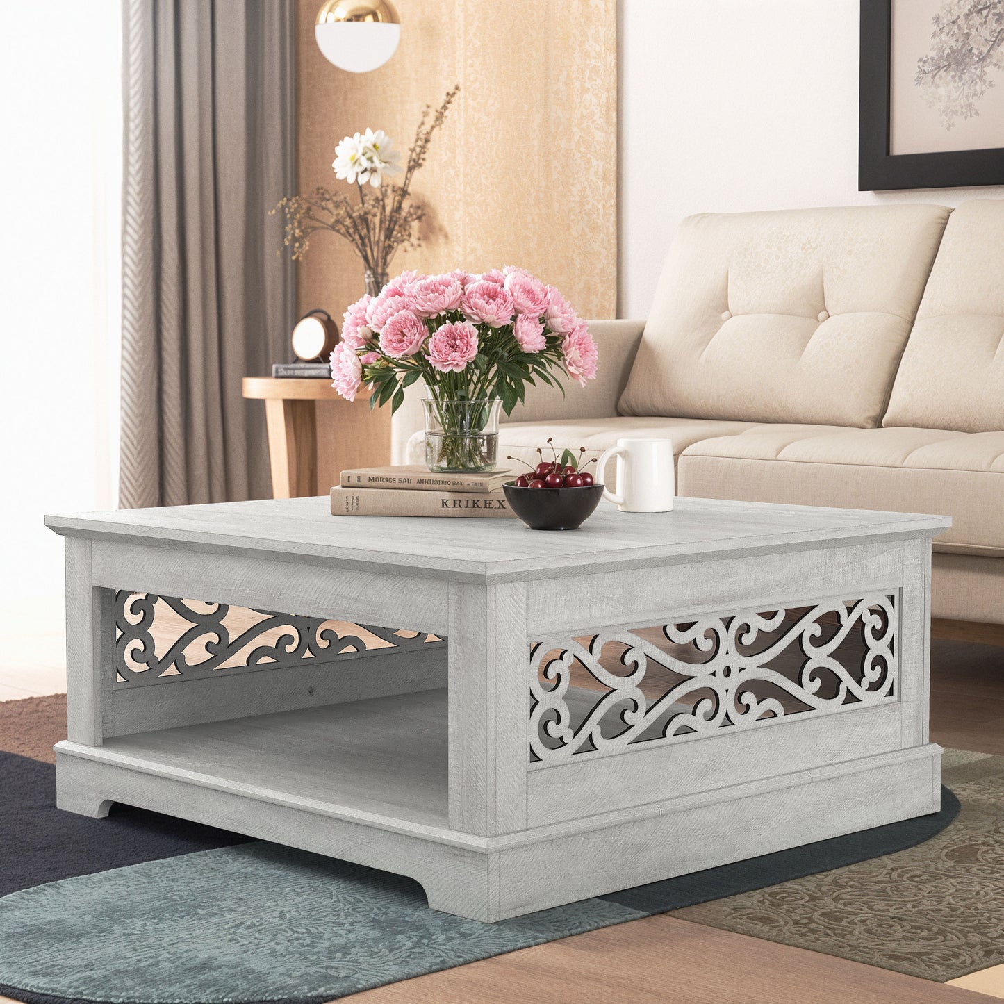 Galano Wood Coffee Table with Storage Shelf 34.8" W x 34.8" D x 16.1" H