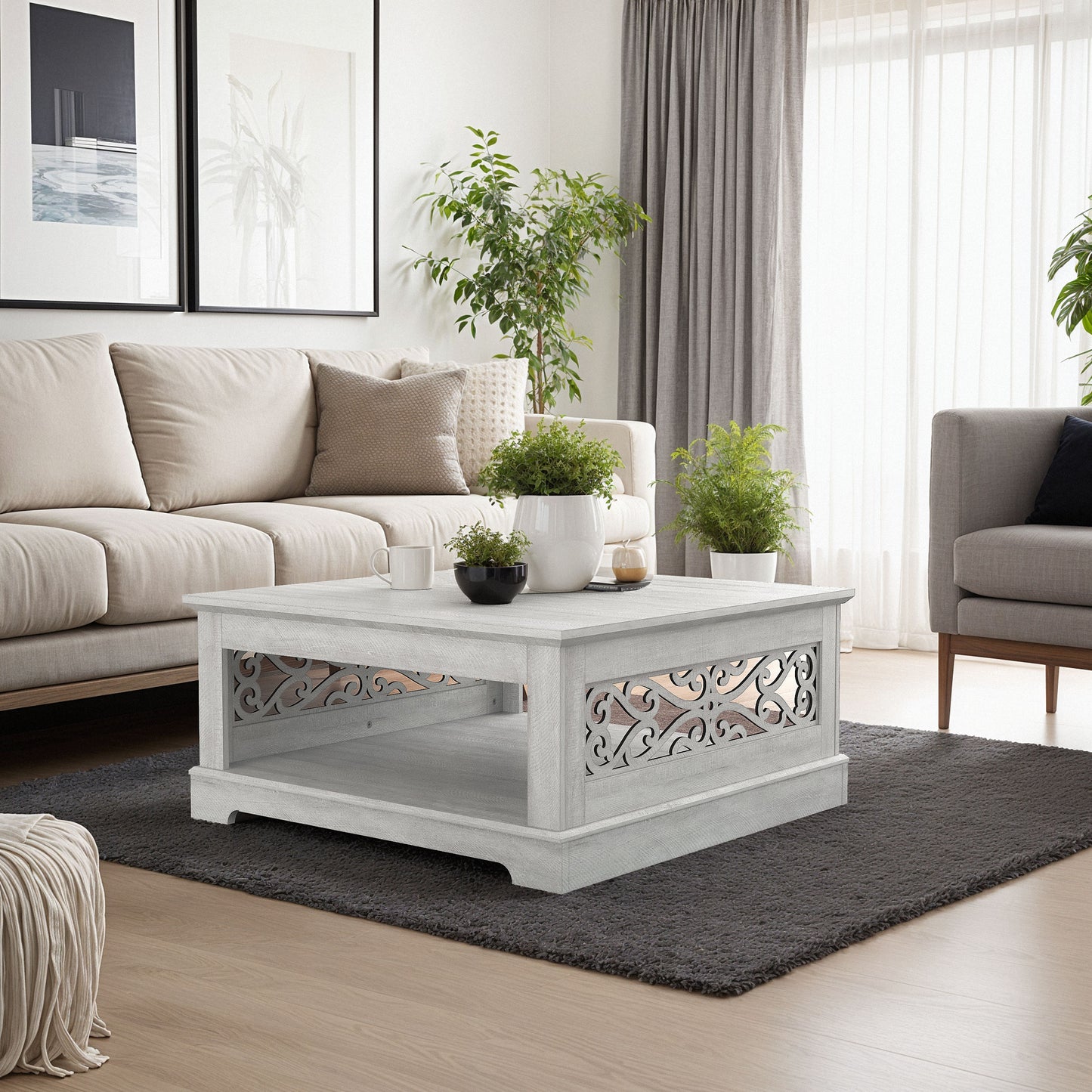 Galano Wood Coffee Table with Storage Shelf 34.8" W x 34.8" D x 16.1" H