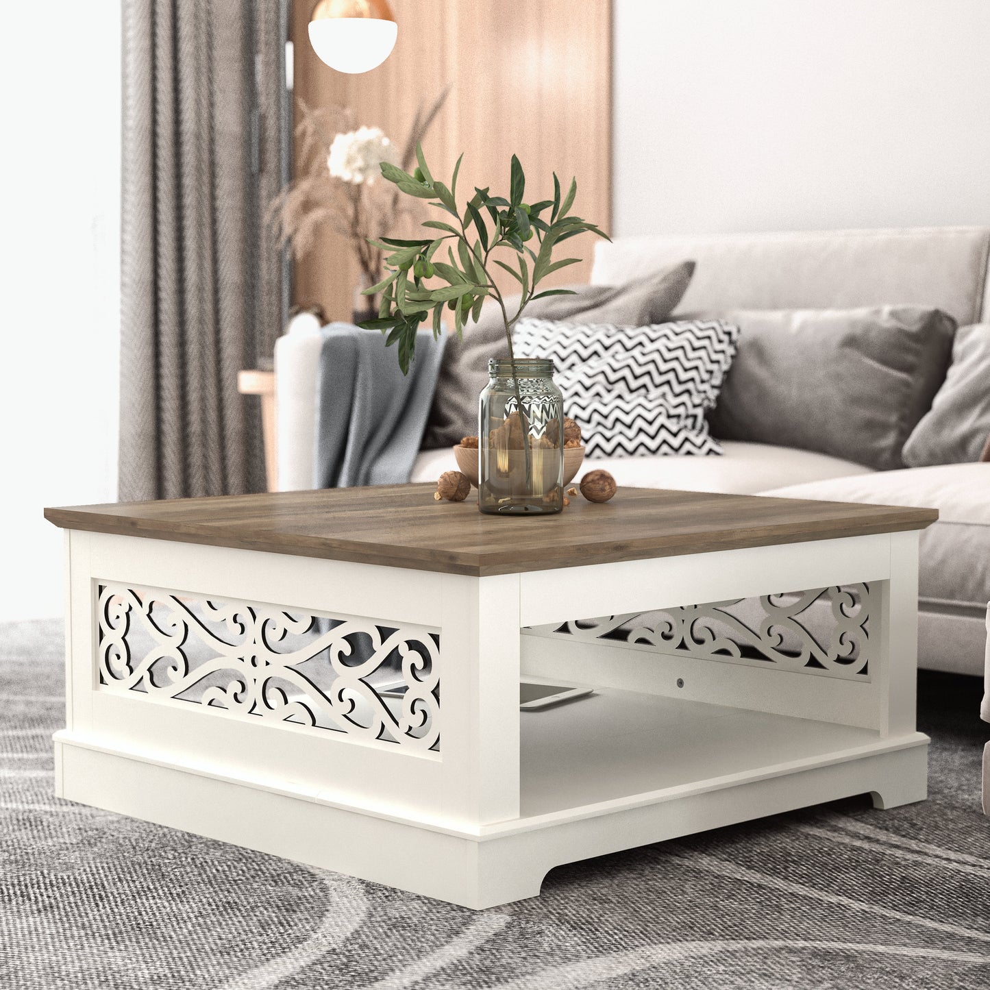 Galano Wood Coffee Table with Storage Shelf 34.8" W x 34.8" D x 16.1" H