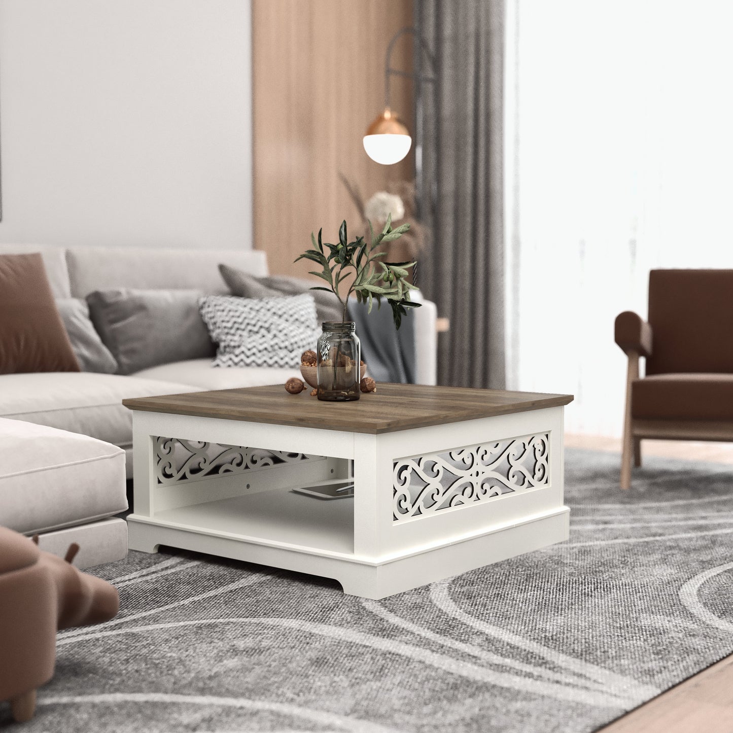 Galano Wood Coffee Table with Storage Shelf 34.8" W x 34.8" D x 16.1" H