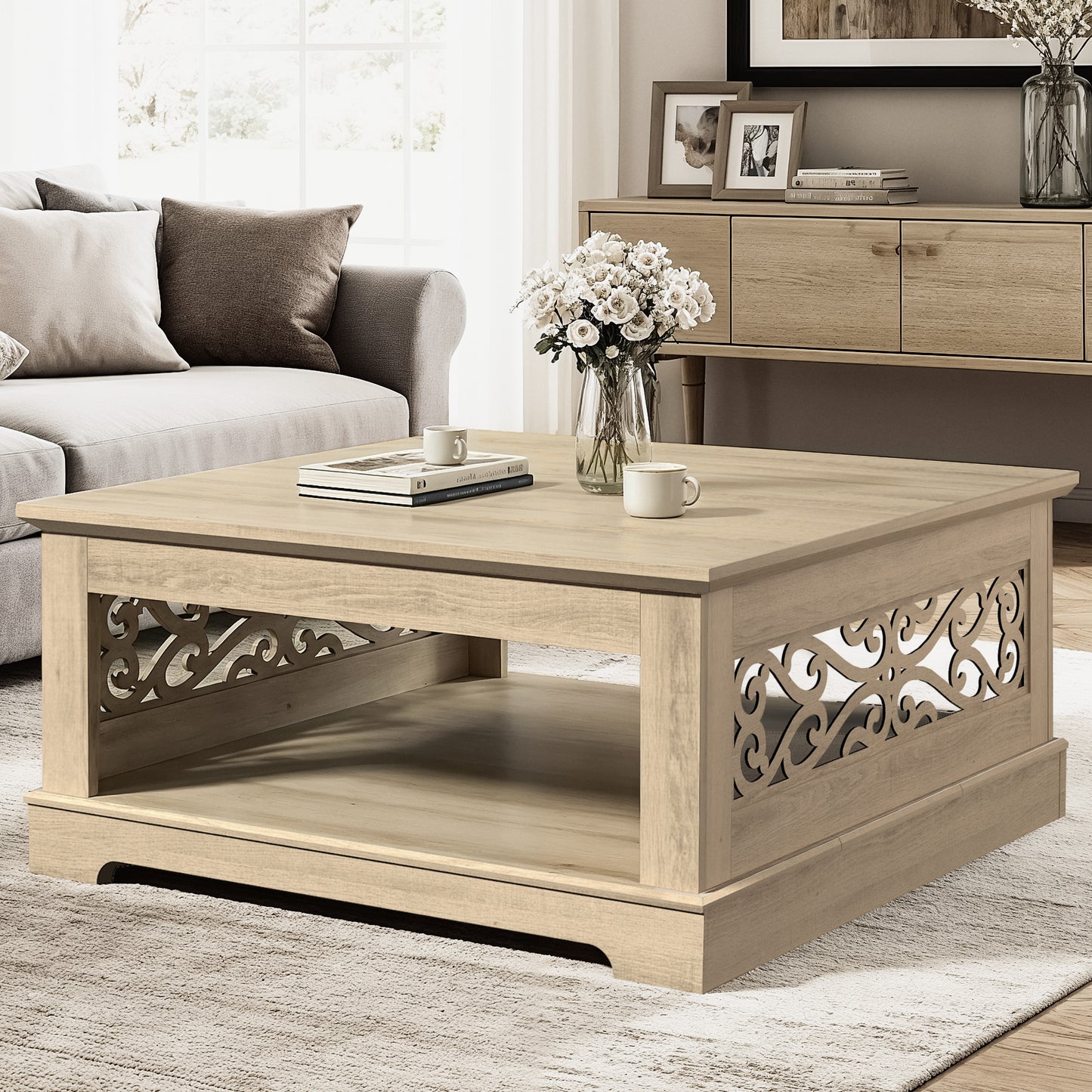 Galano Wood Coffee Table with Storage Shelf 34.8" W x 34.8" D x 16.1" H