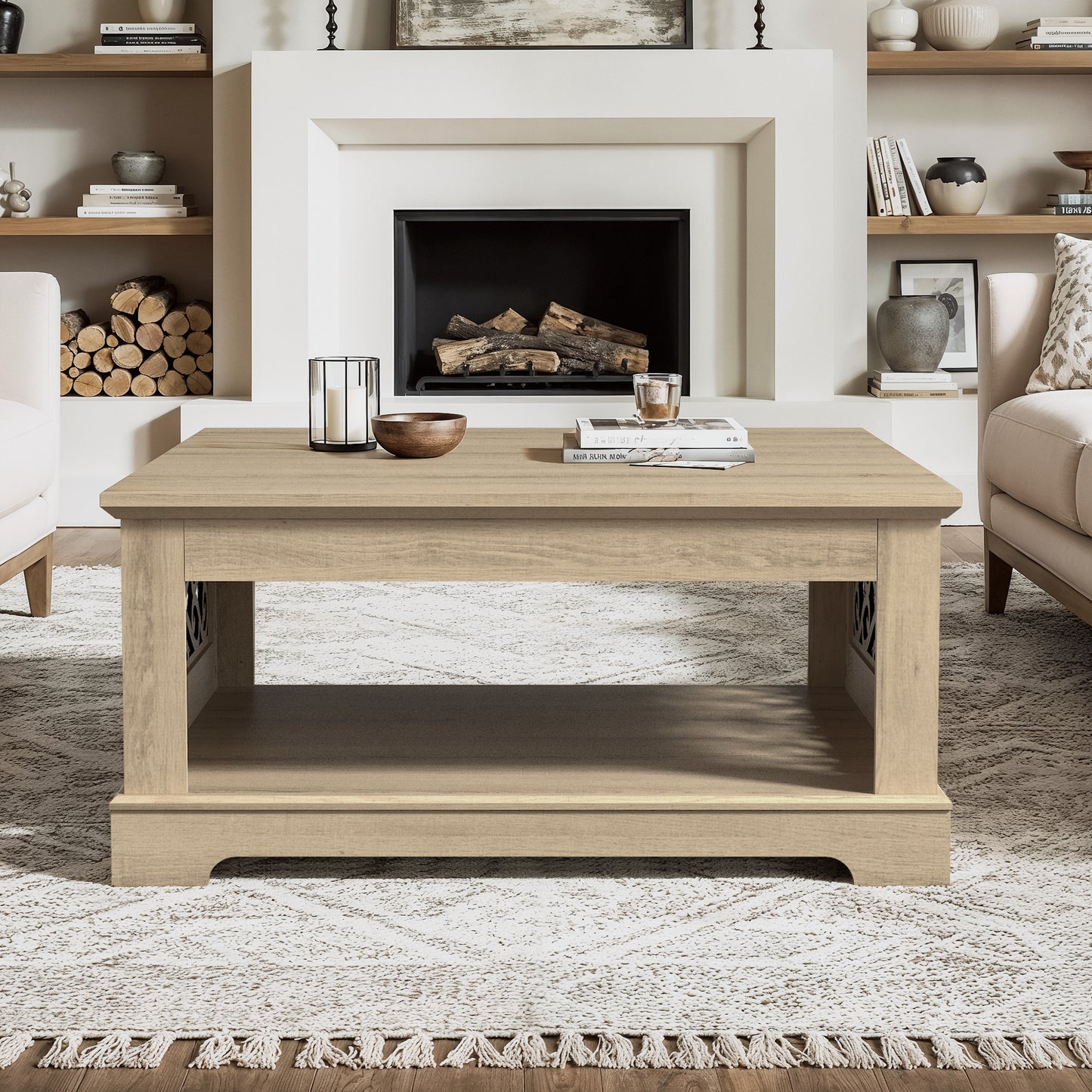 Galano Wood Coffee Table with Storage Shelf 34.8" W x 34.8" D x 16.1" H