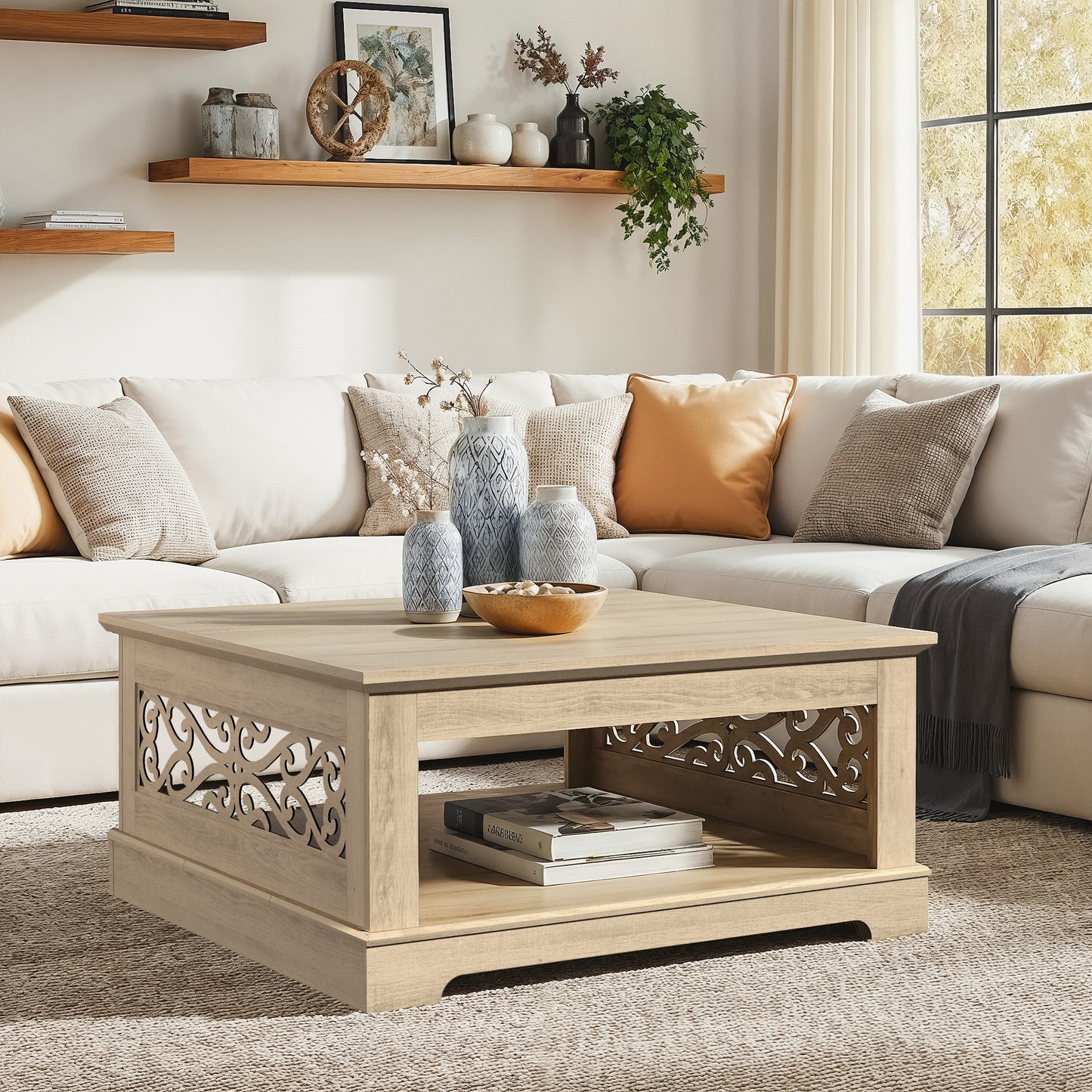 Galano Wood Coffee Table with Storage Shelf 34.8" W x 34.8" D x 16.1" H