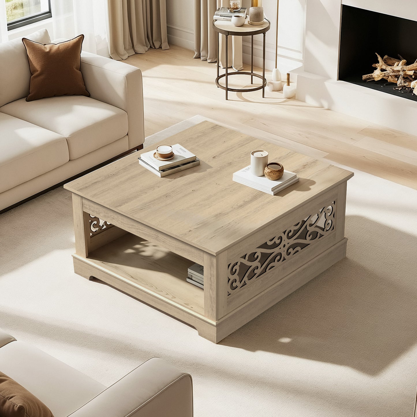 Galano Wood Coffee Table with Storage Shelf 34.8" W x 34.8" D x 16.1" H
