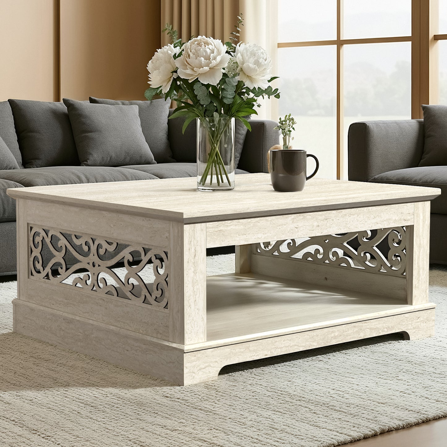 Galano Wood Coffee Table with Storage Shelf 34.8" W x 34.8" D x 16.1" H