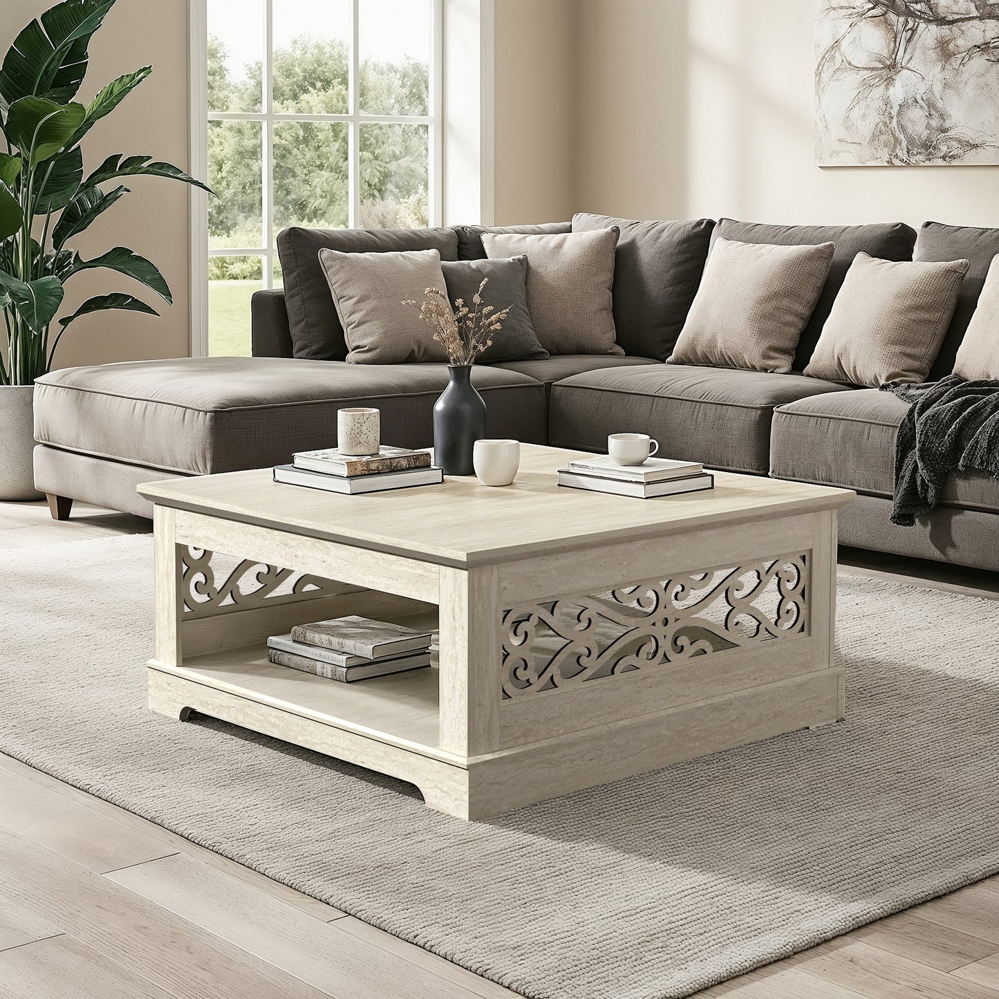 Galano Wood Coffee Table with Storage Shelf 34.8" W x 34.8" D x 16.1" H