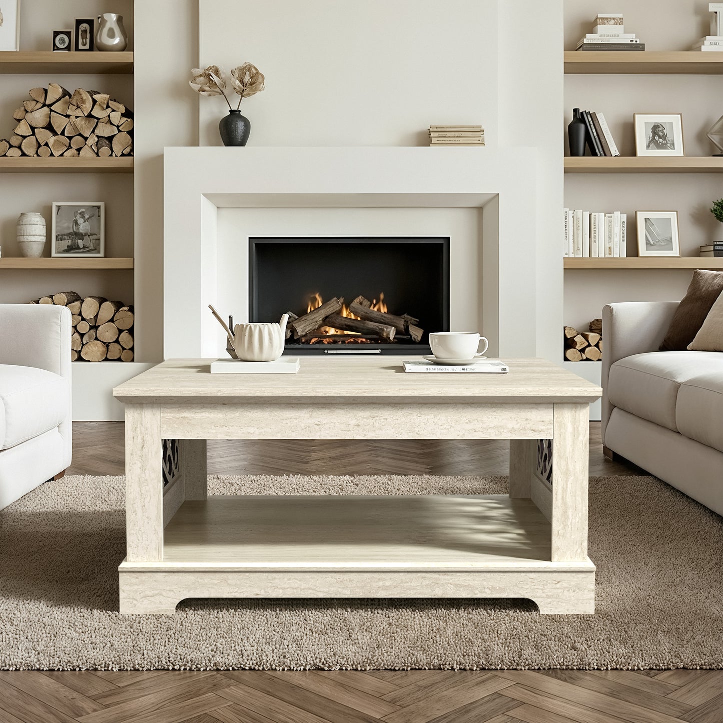 Galano Wood Coffee Table with Storage Shelf 34.8" W x 34.8" D x 16.1" H
