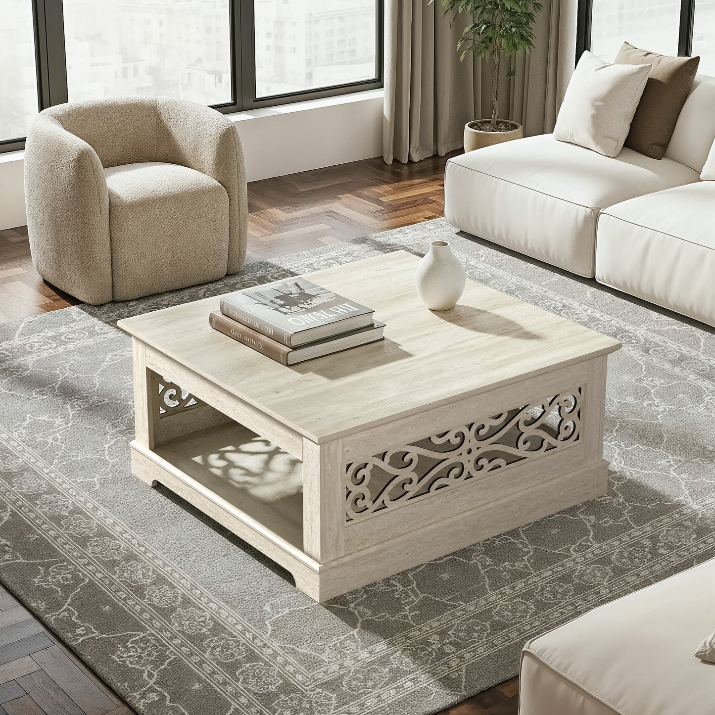Galano Wood Coffee Table with Storage Shelf 34.8" W x 34.8" D x 16.1" H