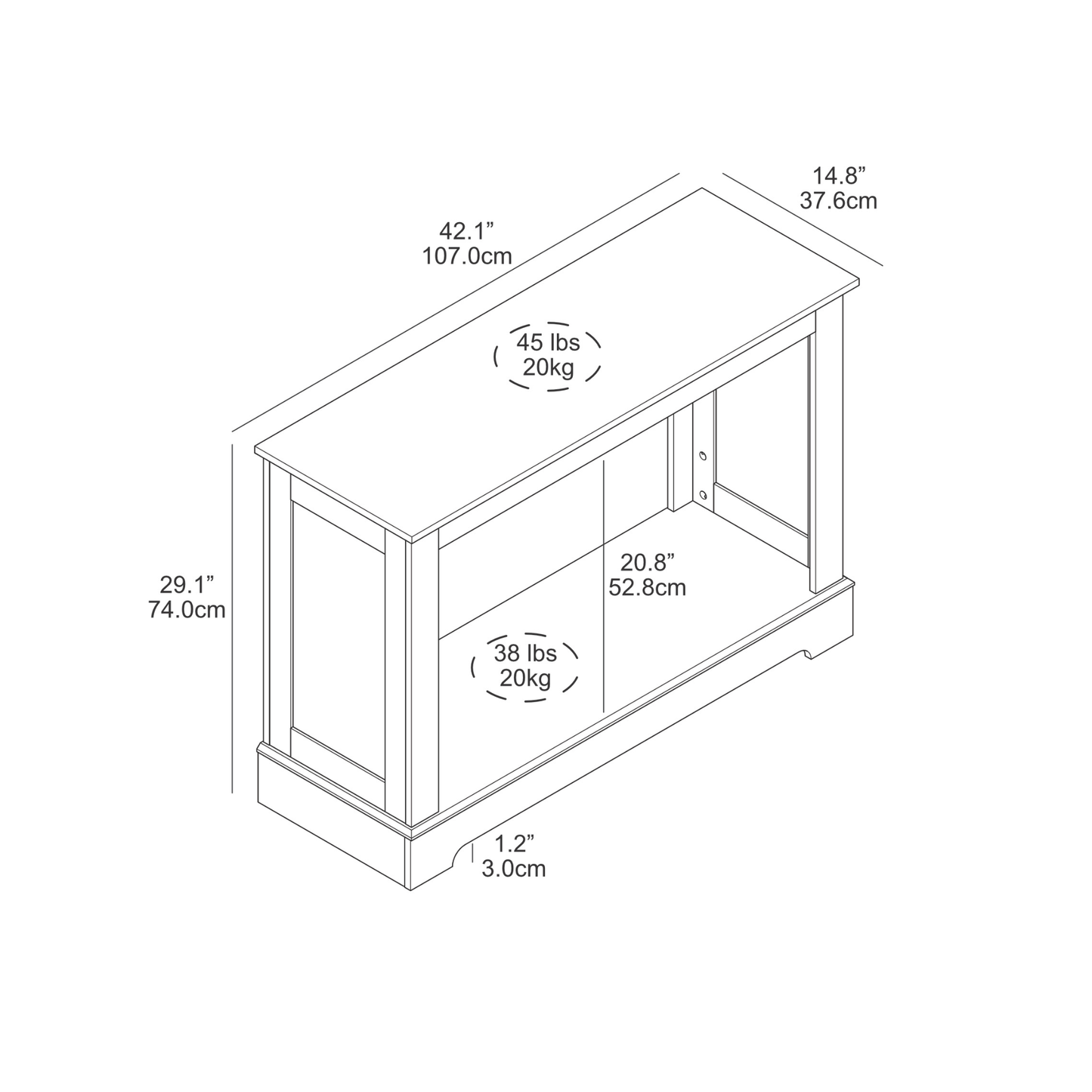 Galano Console Table with Laser-Cut Side Panels in Knotty Oak, 42.1" W x 14.8" D x 29.1" H