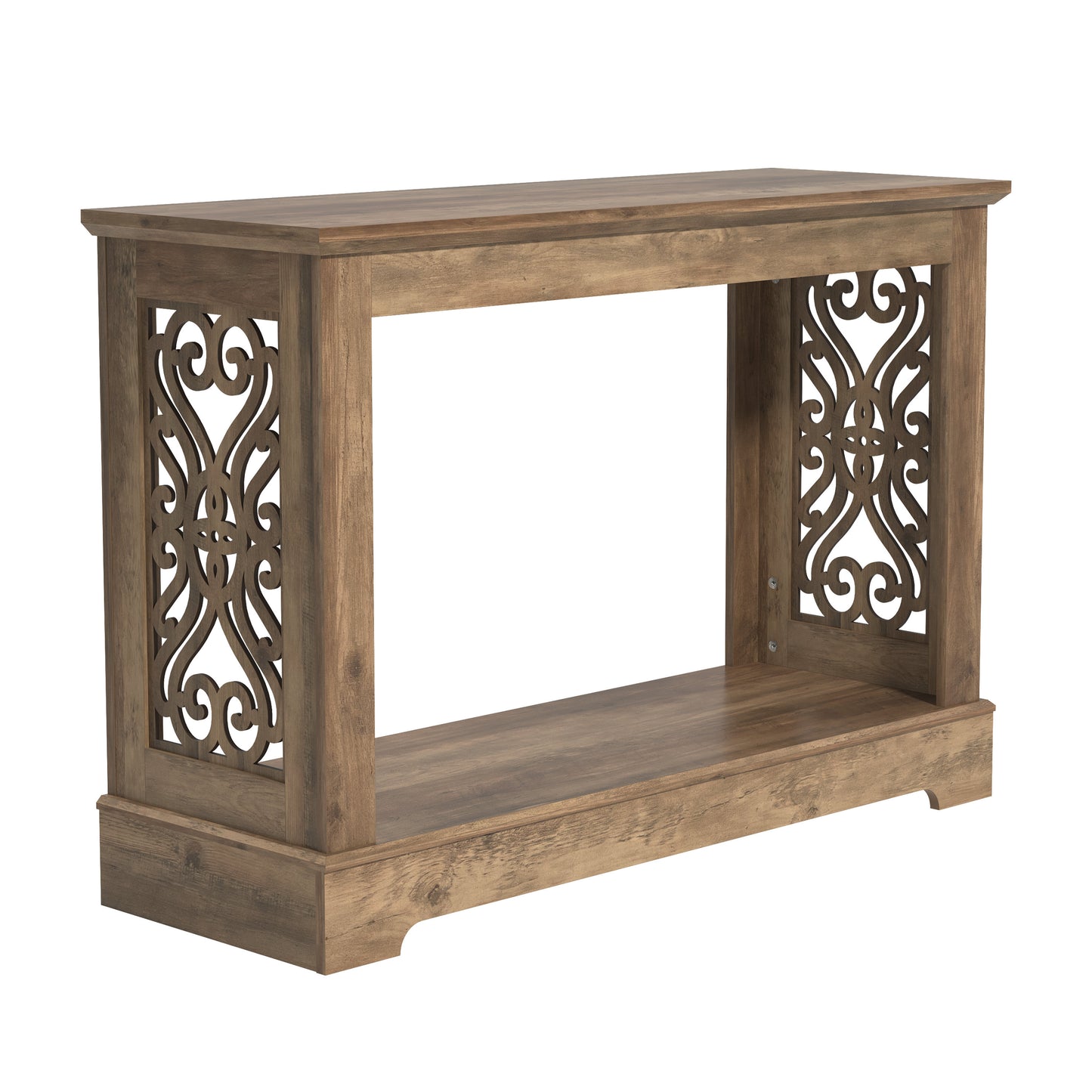 Galano Console Table with Laser-Cut Side Panels in Knotty Oak, 42.1" W x 14.8" D x 29.1" H