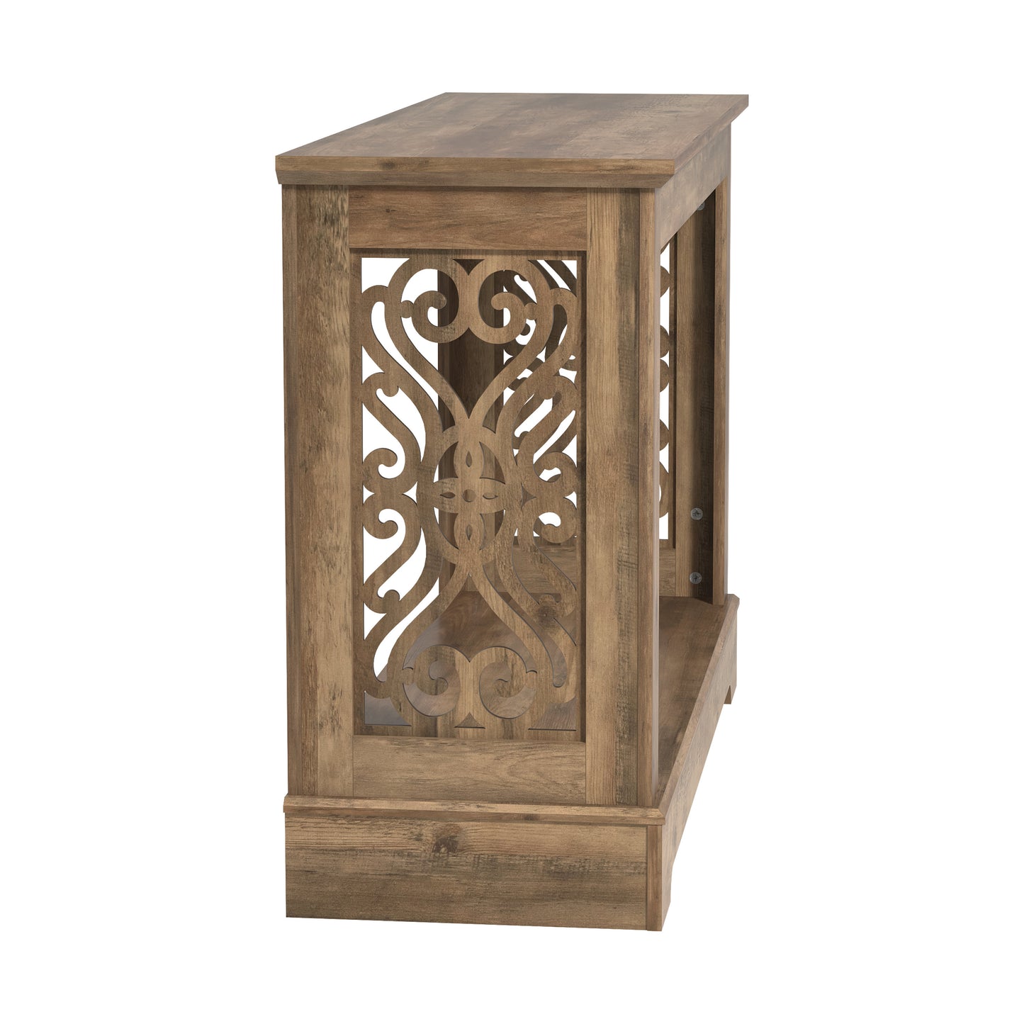 Galano Console Table with Laser-Cut Side Panels in Knotty Oak, 42.1" W x 14.8" D x 29.1" H