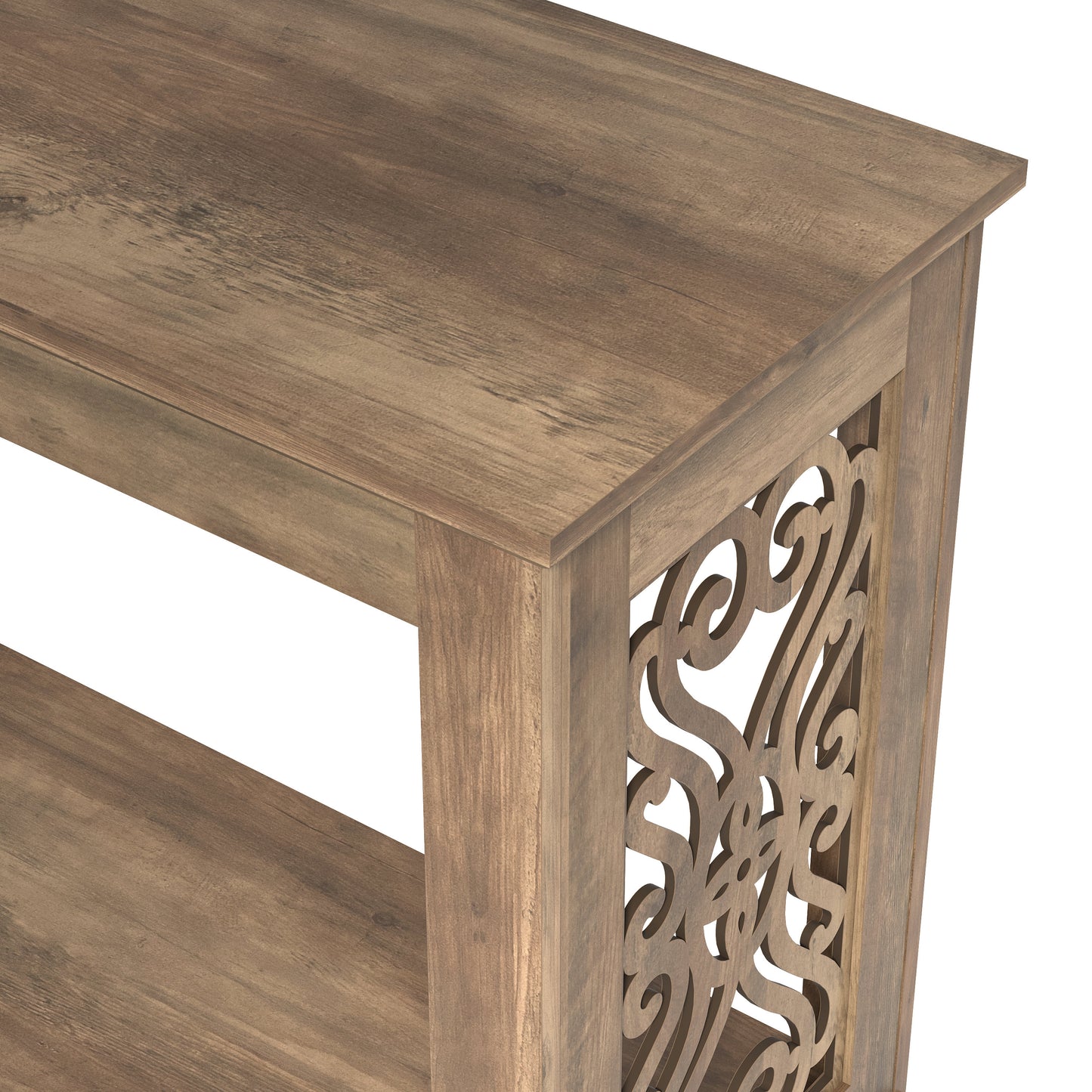 Galano Console Table with Laser-Cut Side Panels in Knotty Oak, 42.1" W x 14.8" D x 29.1" H