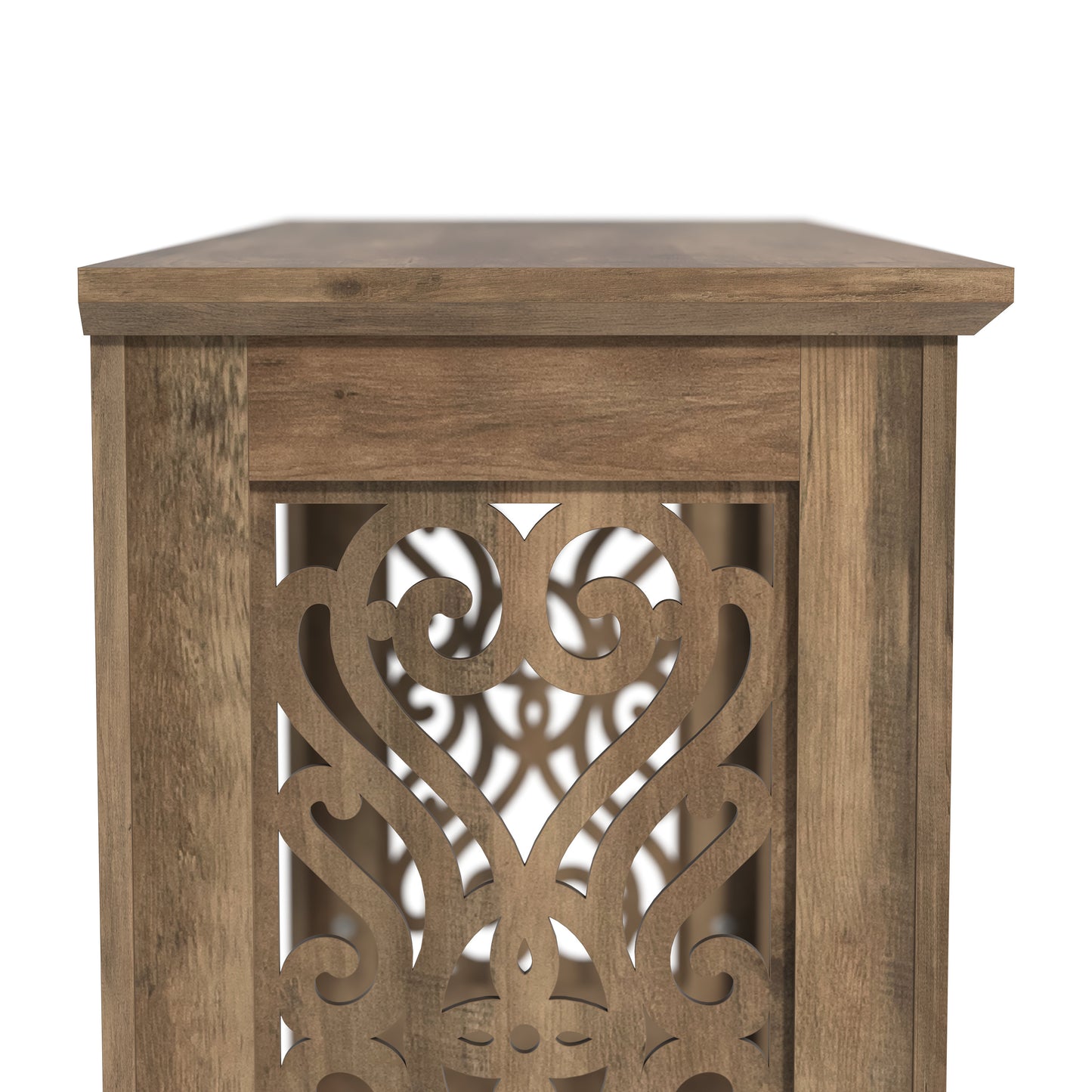Galano Console Table with Laser-Cut Side Panels in Knotty Oak, 42.1" W x 14.8" D x 29.1" H