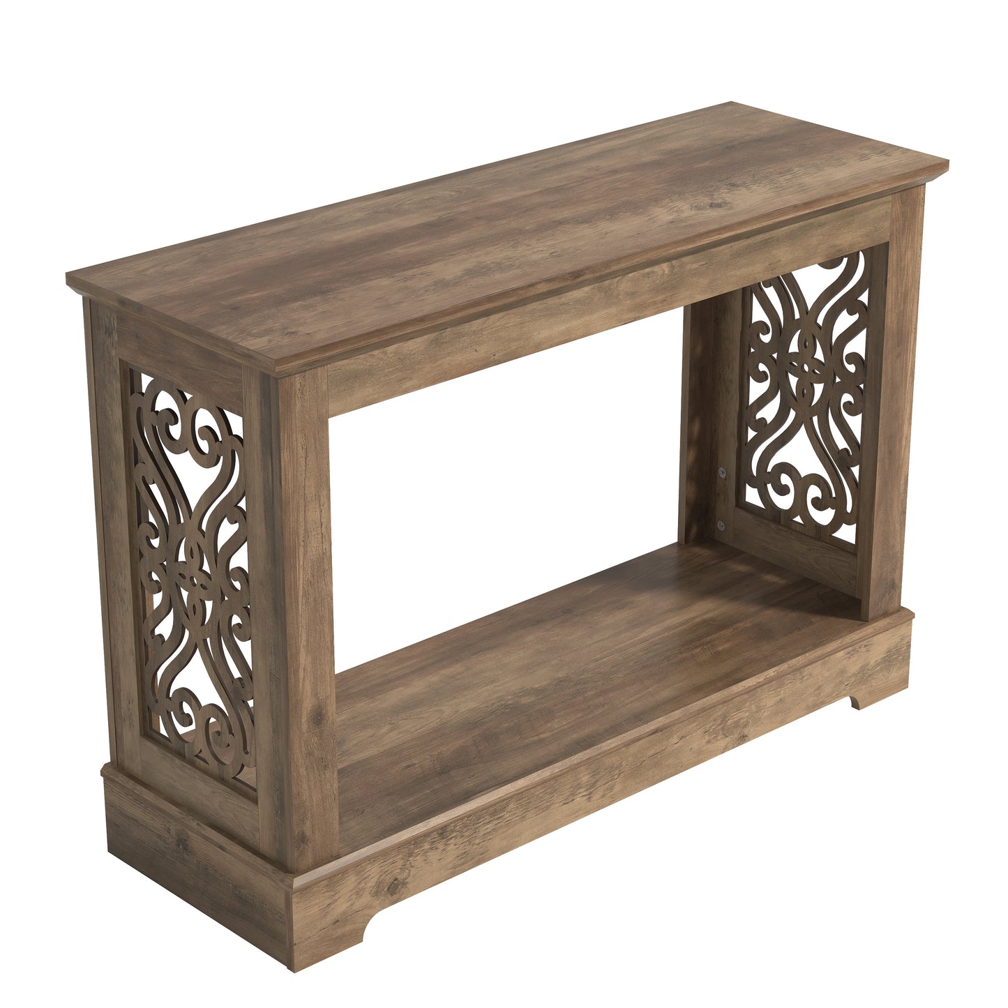 Galano Console Table with Laser-Cut Side Panels in Knotty Oak, 42.1" W x 14.8" D x 29.1" H