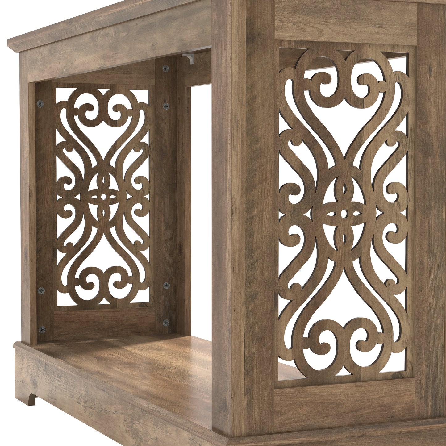 Galano Console Table with Laser-Cut Side Panels in Knotty Oak, 42.1" W x 14.8" D x 29.1" H