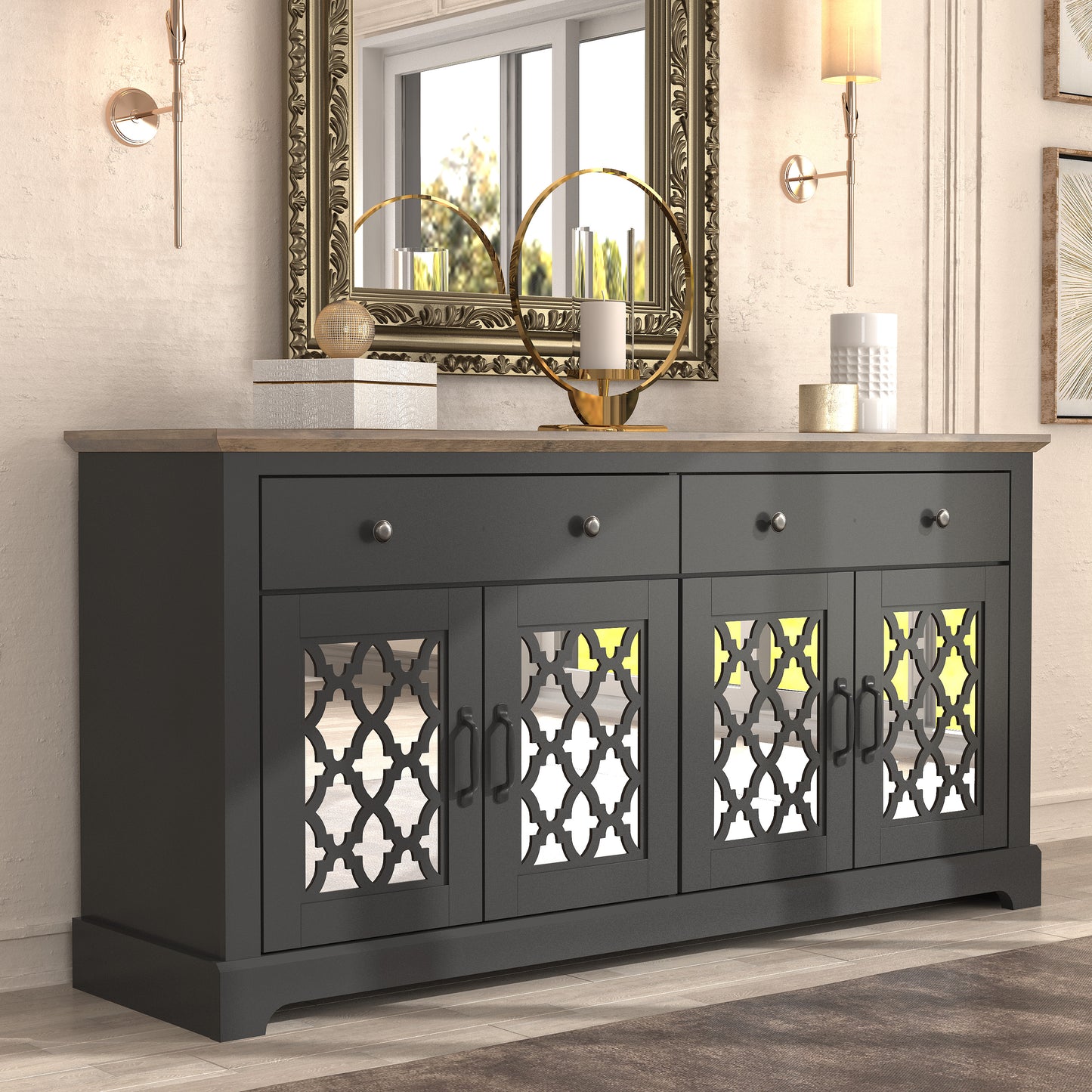 Galano 2-Drawer Sideboard with Mirrored Doors 58.7" W x 15.7" D x 29.2" H
