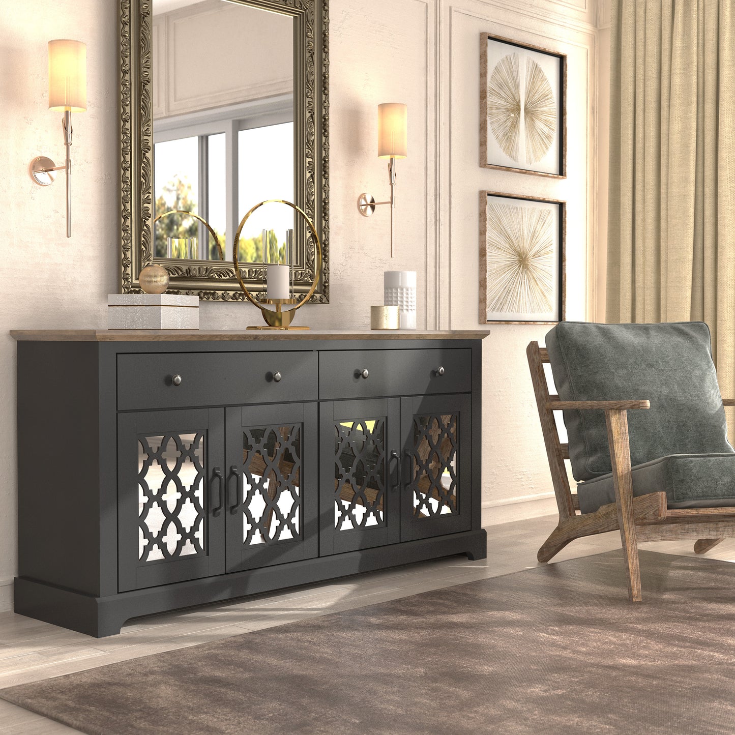 Galano 2-Drawer Sideboard with Mirrored Doors 58.7" W x 15.7" D x 29.2" H