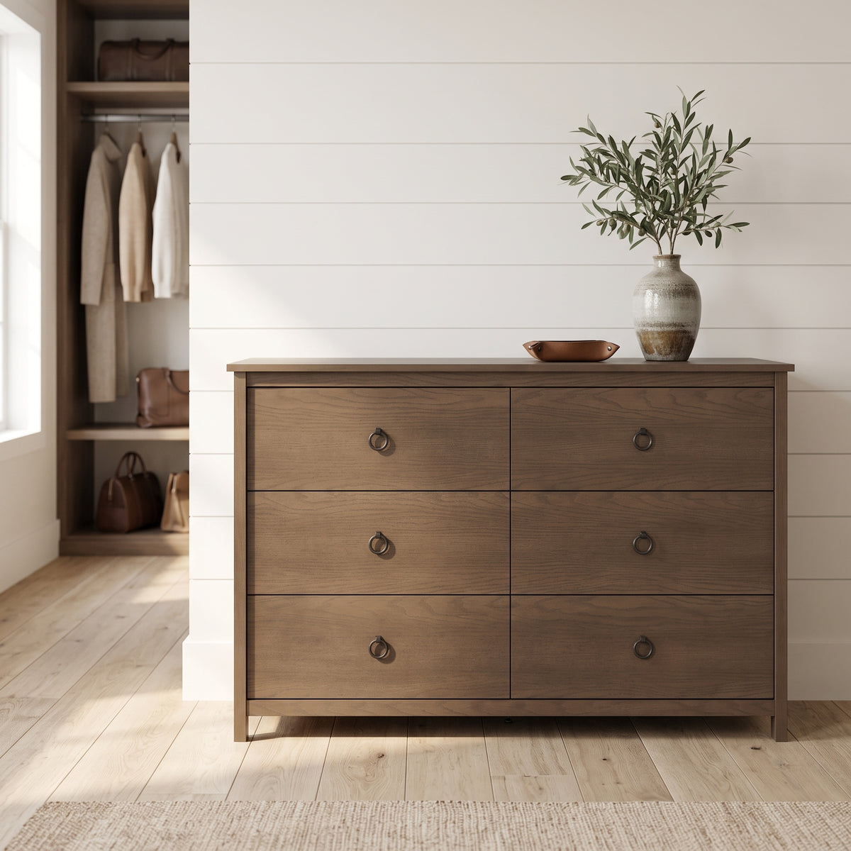 Galano Transitional 47" 6-Drawer Double Dresser with Rich Wood Veneer Finish and Metal Ring Pulls & Interlocking Drawers