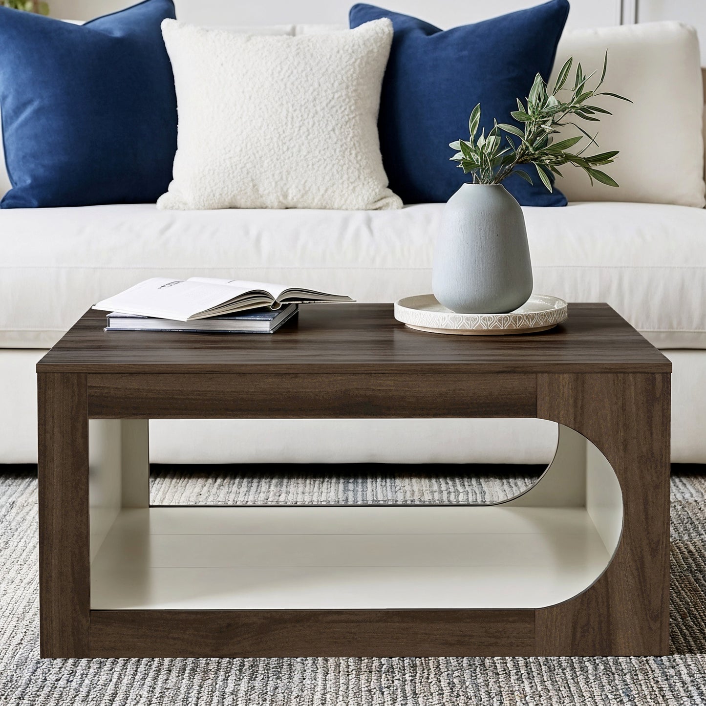 Galano Square Coffee Table with Curved Cut-Out Storage Shelf 34.8" W x 34.8" D x 16.1" H