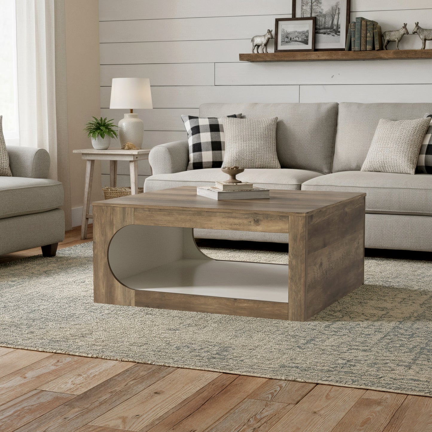 Galano Square Coffee Table with Curved Cut-Out Storage Shelf 34.8" W x 34.8" D x 16.1" H