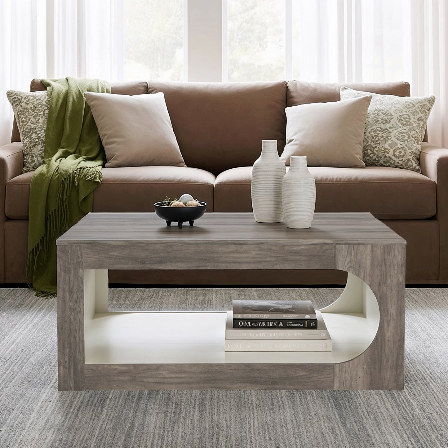 Galano Square Coffee Table with Curved Cut-Out Storage Shelf 34.8" W x 34.8" D x 16.1" H