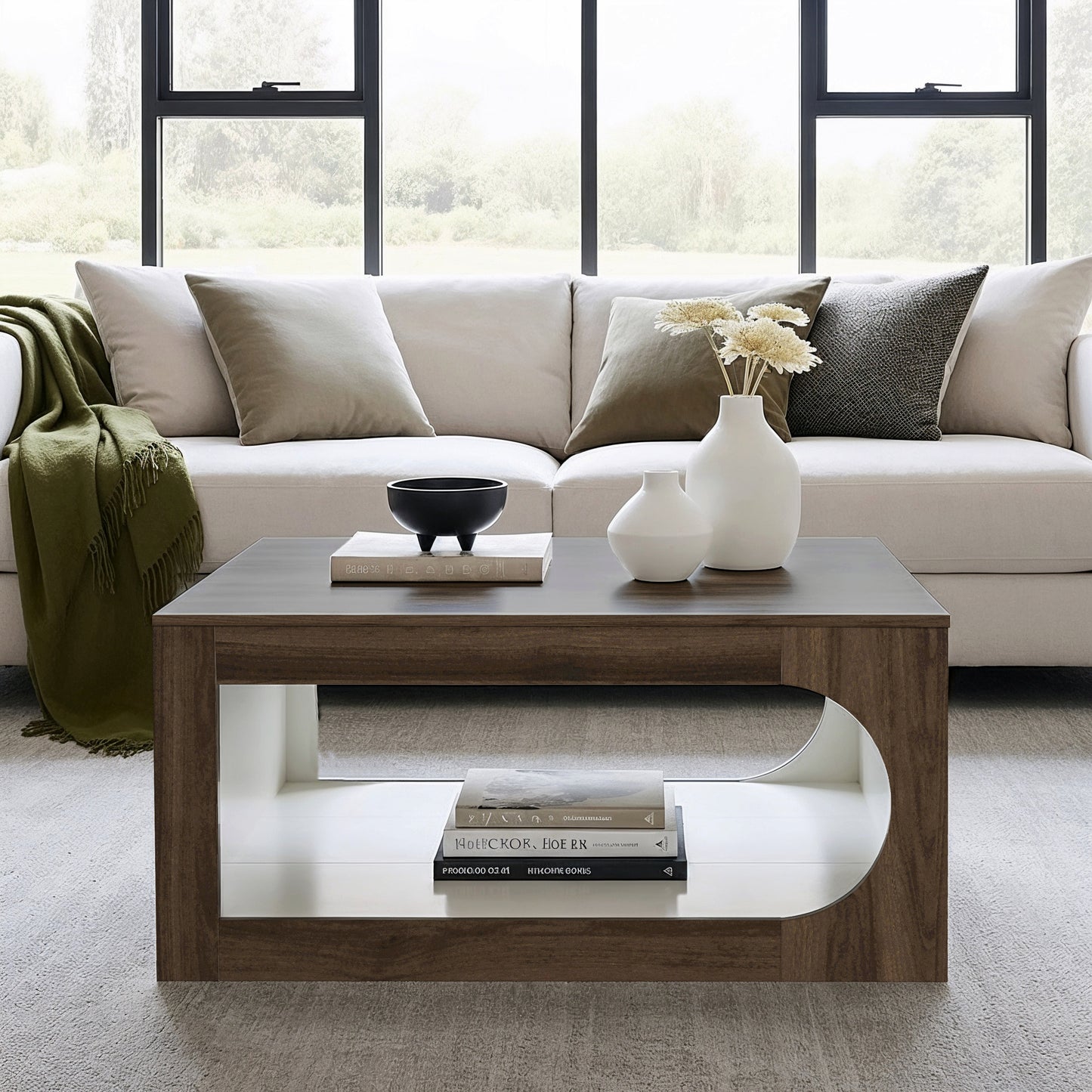 Galano Square Coffee Table with Curved Cut-Out Storage Shelf 34.8" W x 34.8" D x 16.1" H
