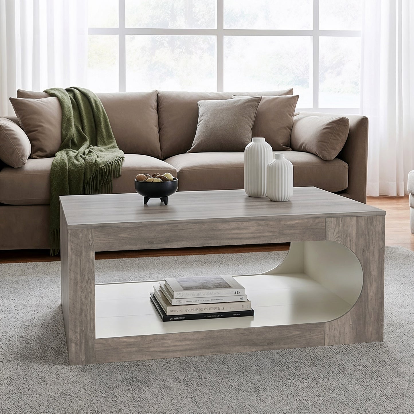Galano Square Coffee Table with Curved Cut-Out Storage Shelf 34.8" W x 34.8" D x 16.1" H
