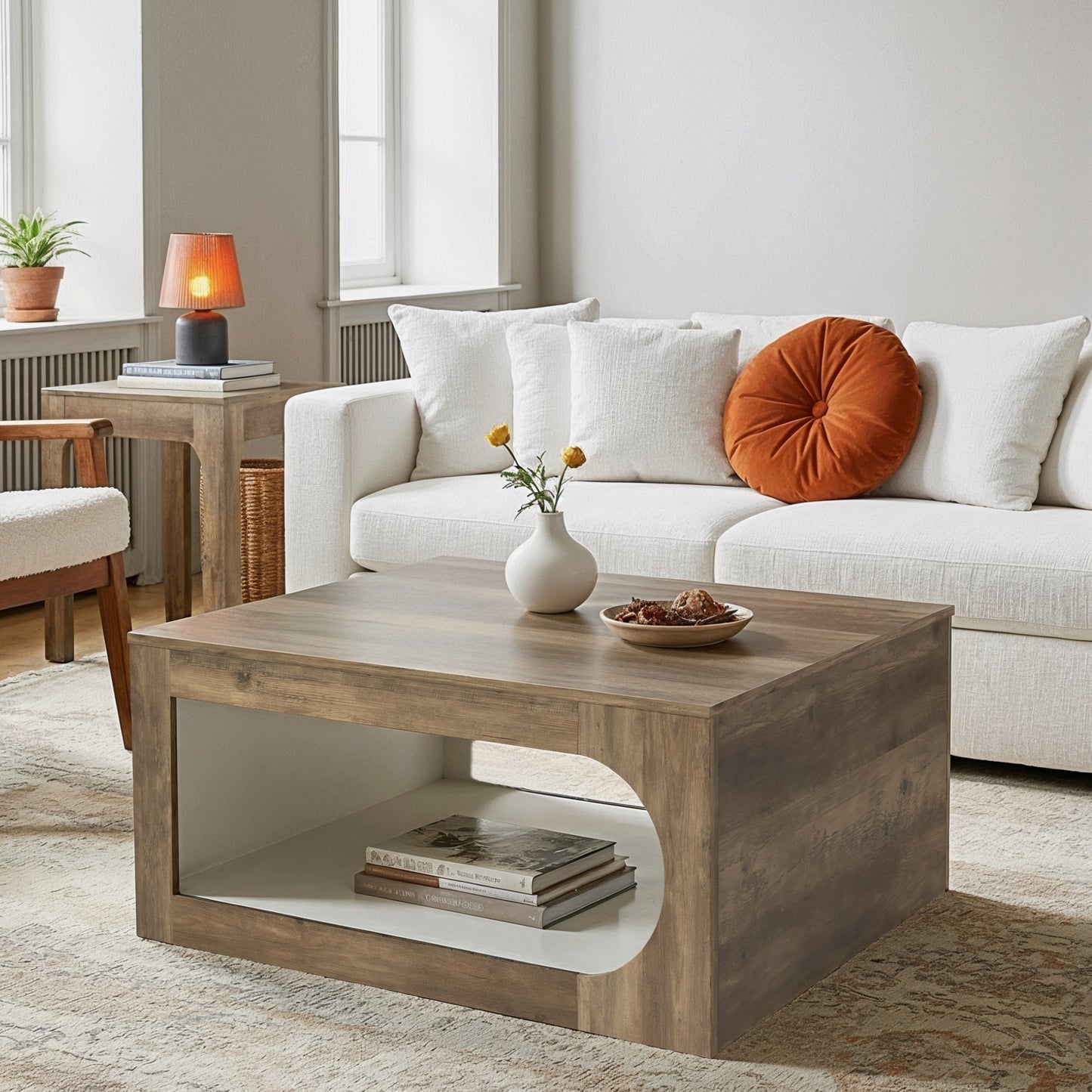 Galano Square Coffee Table with Curved Cut-Out Storage Shelf 34.8" W x 34.8" D x 16.1" H