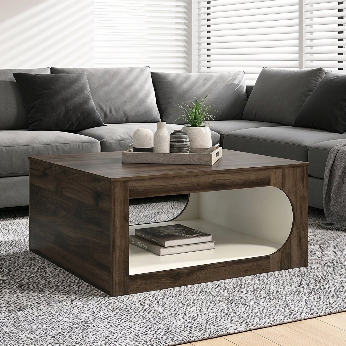 Galano Square Coffee Table with Curved Cut-Out Storage Shelf 34.8" W x 34.8" D x 16.1" H
