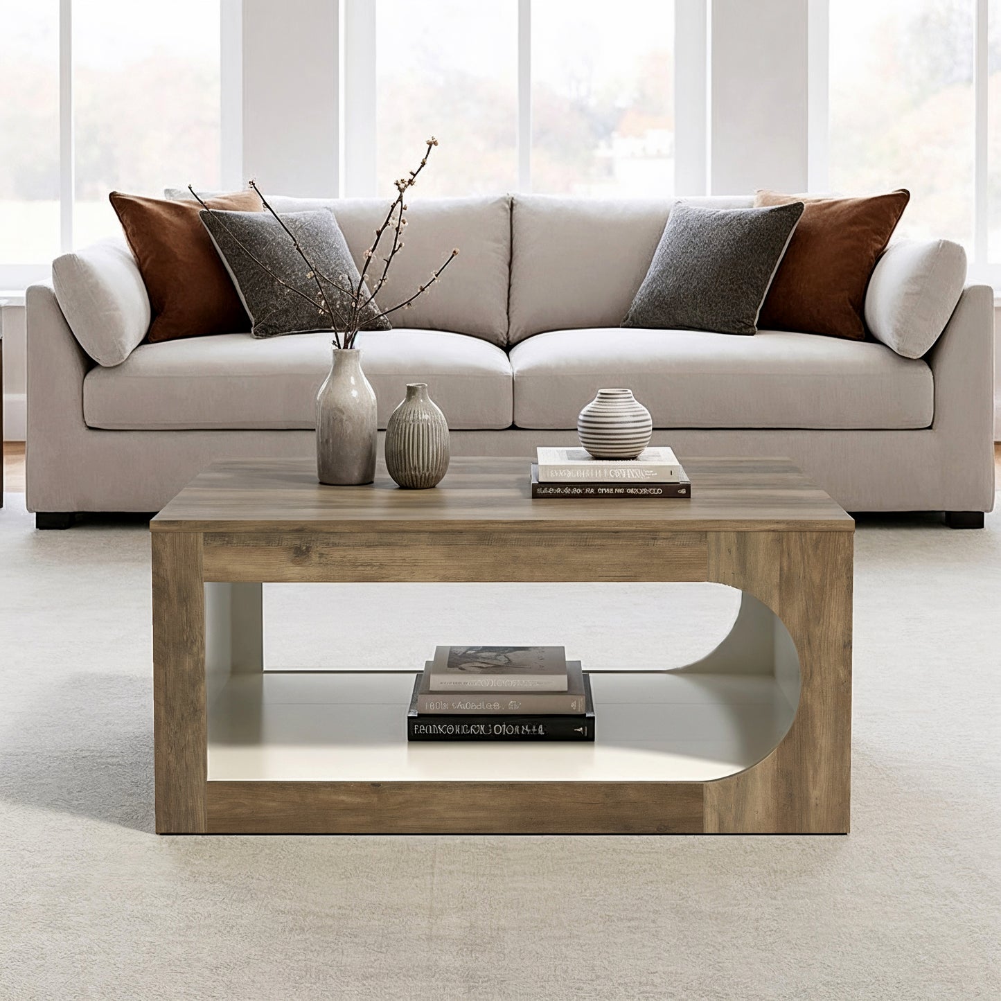 Galano Square Coffee Table with Curved Cut-Out Storage Shelf 34.8" W x 34.8" D x 16.1" H