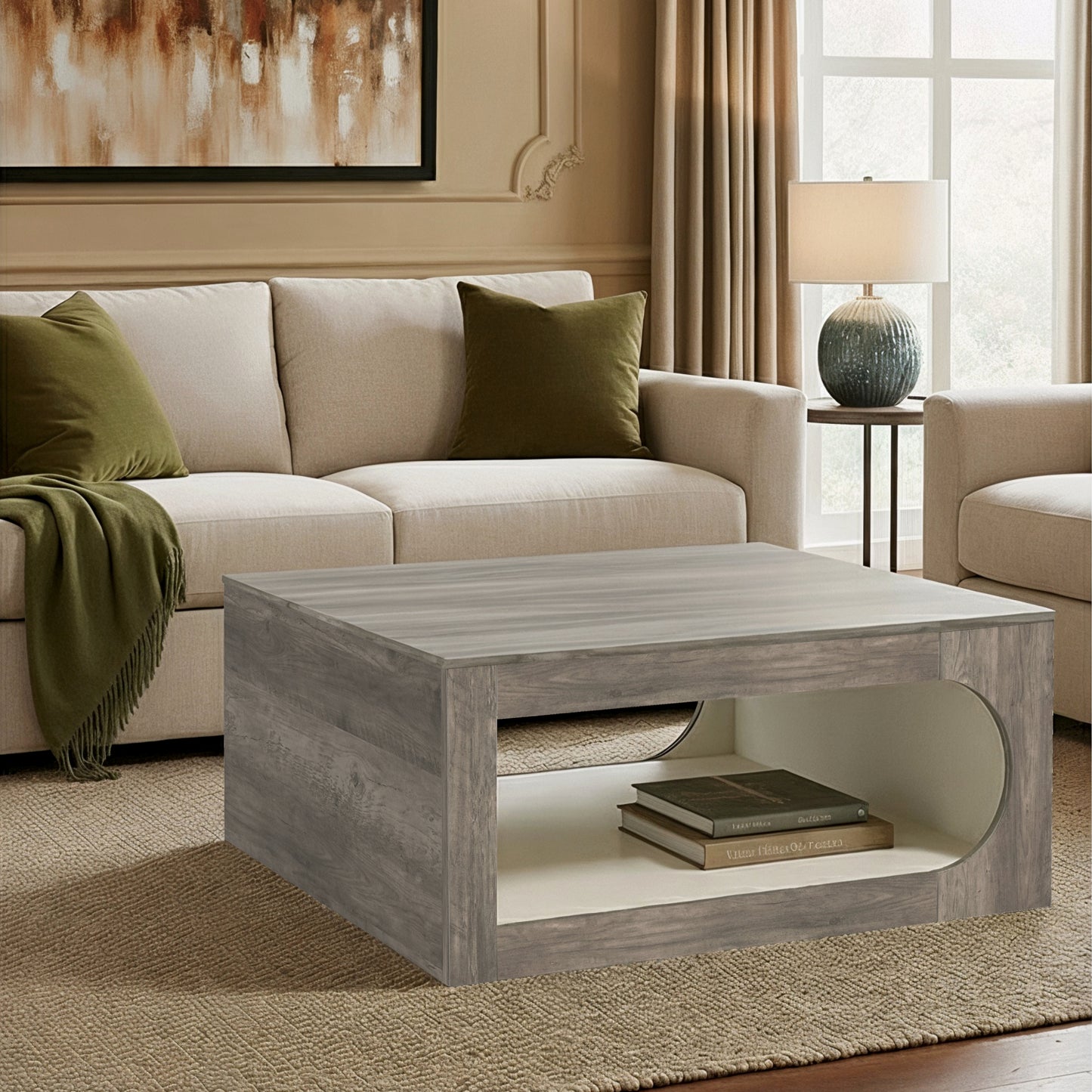 Galano Square Coffee Table with Curved Cut-Out Storage Shelf 34.8" W x 34.8" D x 16.1" H