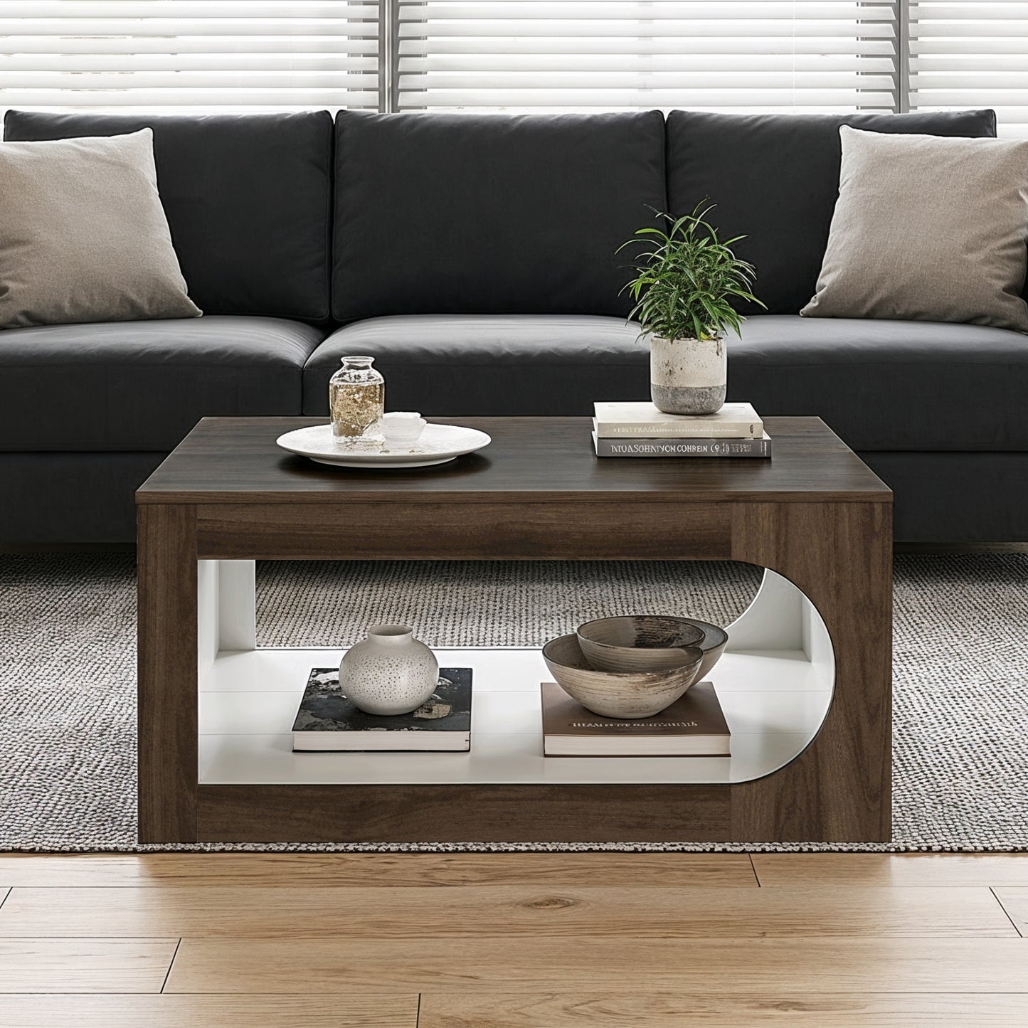 Galano Square Coffee Table with Curved Cut-Out Storage Shelf 34.8" W x 34.8" D x 16.1" H