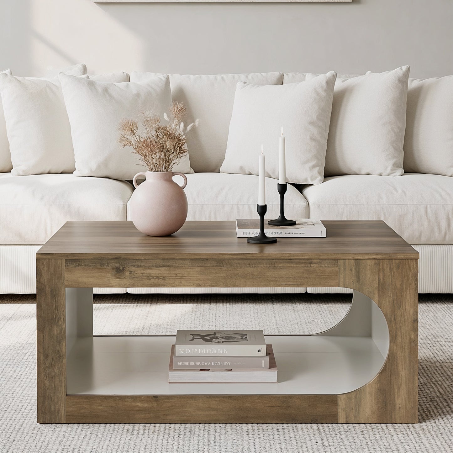 Galano Square Coffee Table with Curved Cut-Out Storage Shelf 34.8" W x 34.8" D x 16.1" H