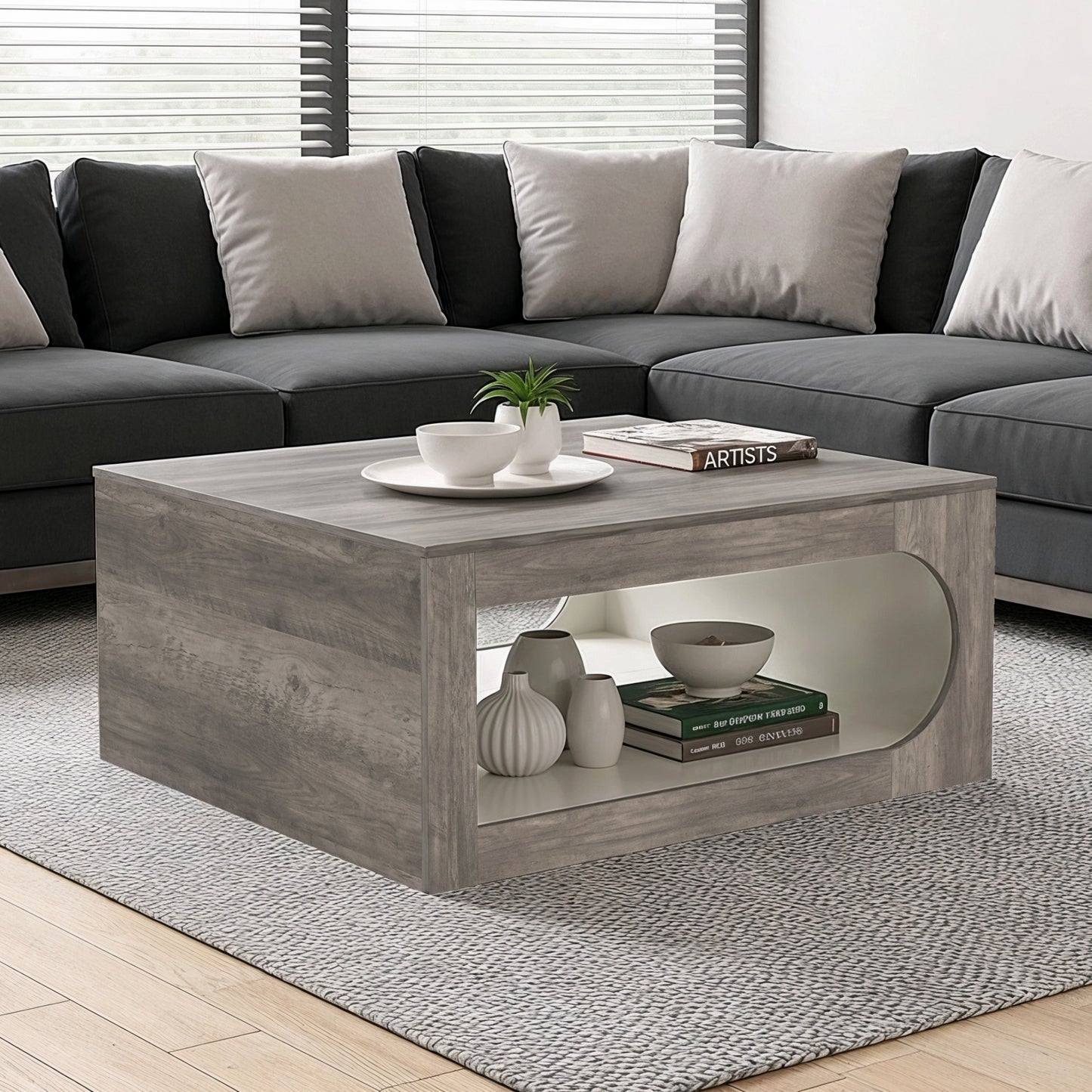 Galano Square Coffee Table with Curved Cut-Out Storage Shelf 34.8" W x 34.8" D x 16.1" H