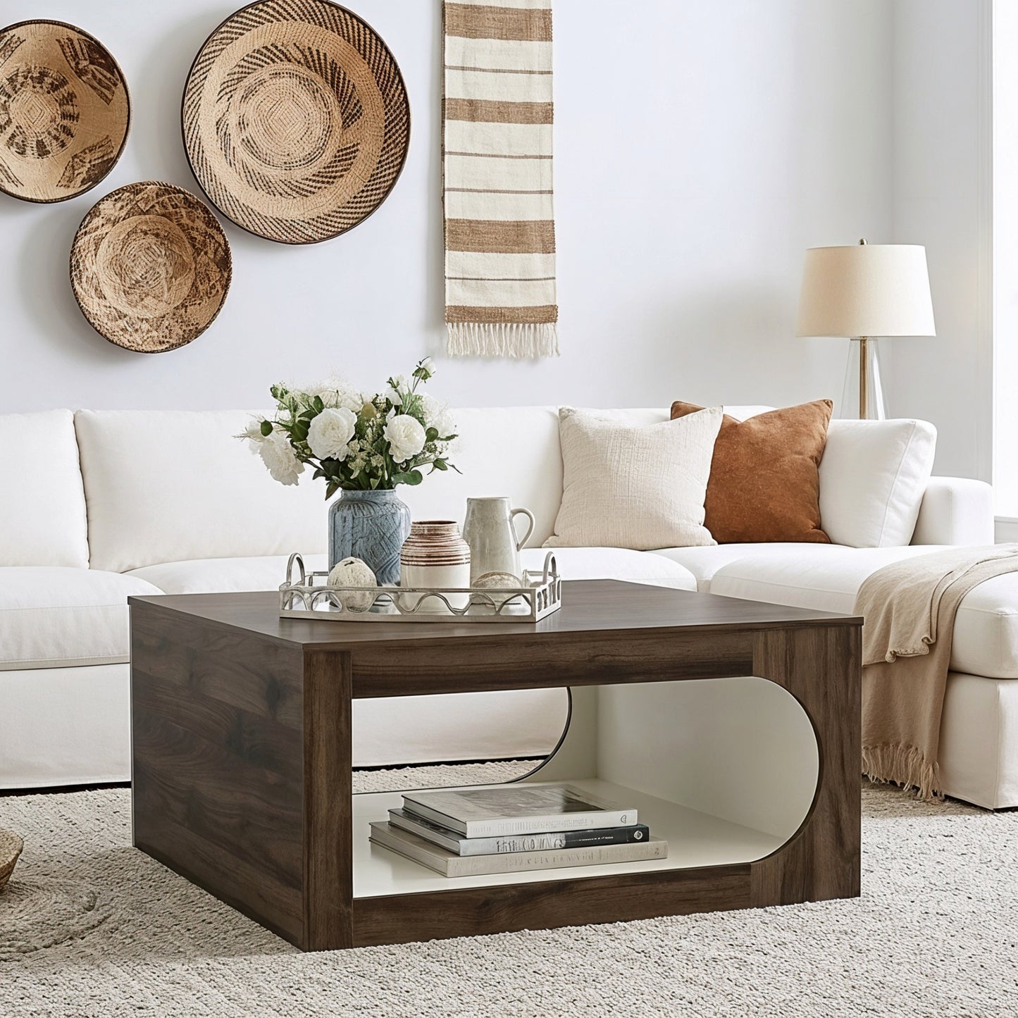 Galano Square Coffee Table with Curved Cut-Out Storage Shelf 34.8" W x 34.8" D x 16.1" H