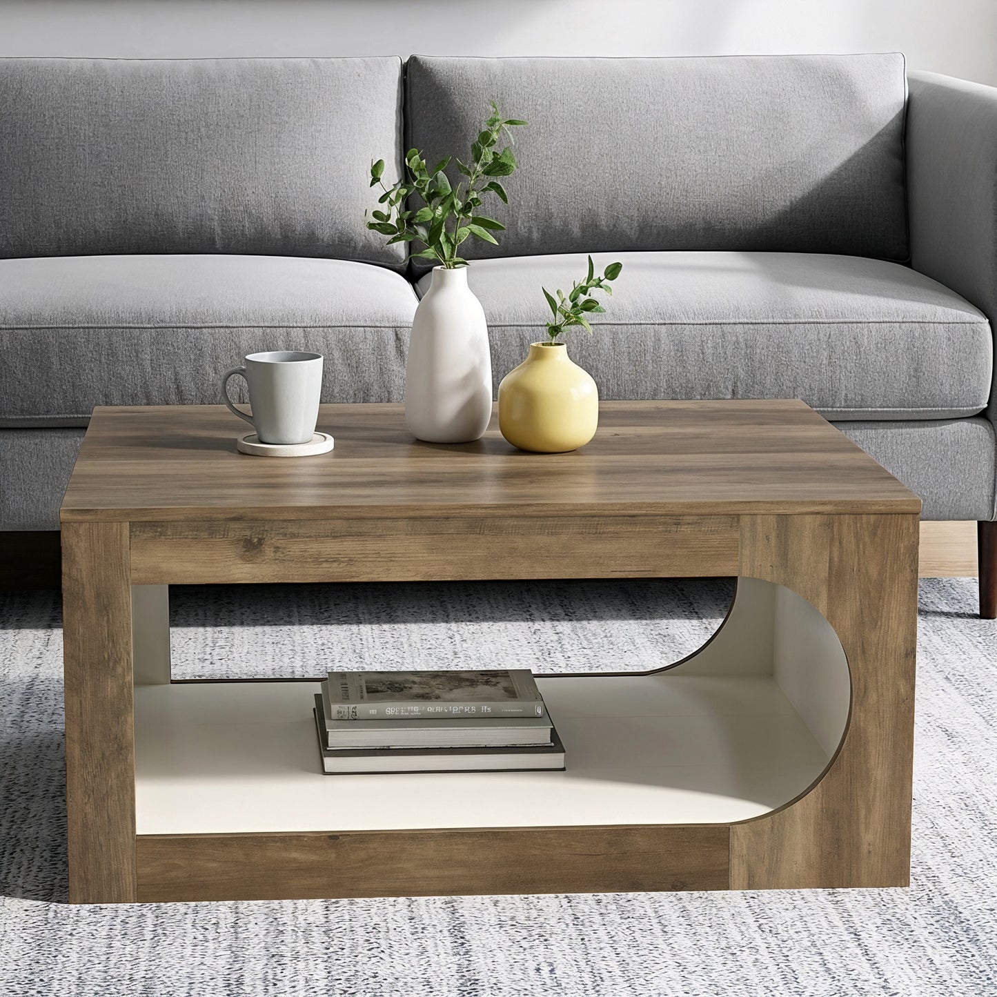 Galano Square Coffee Table with Curved Cut-Out Storage Shelf 34.8" W x 34.8" D x 16.1" H