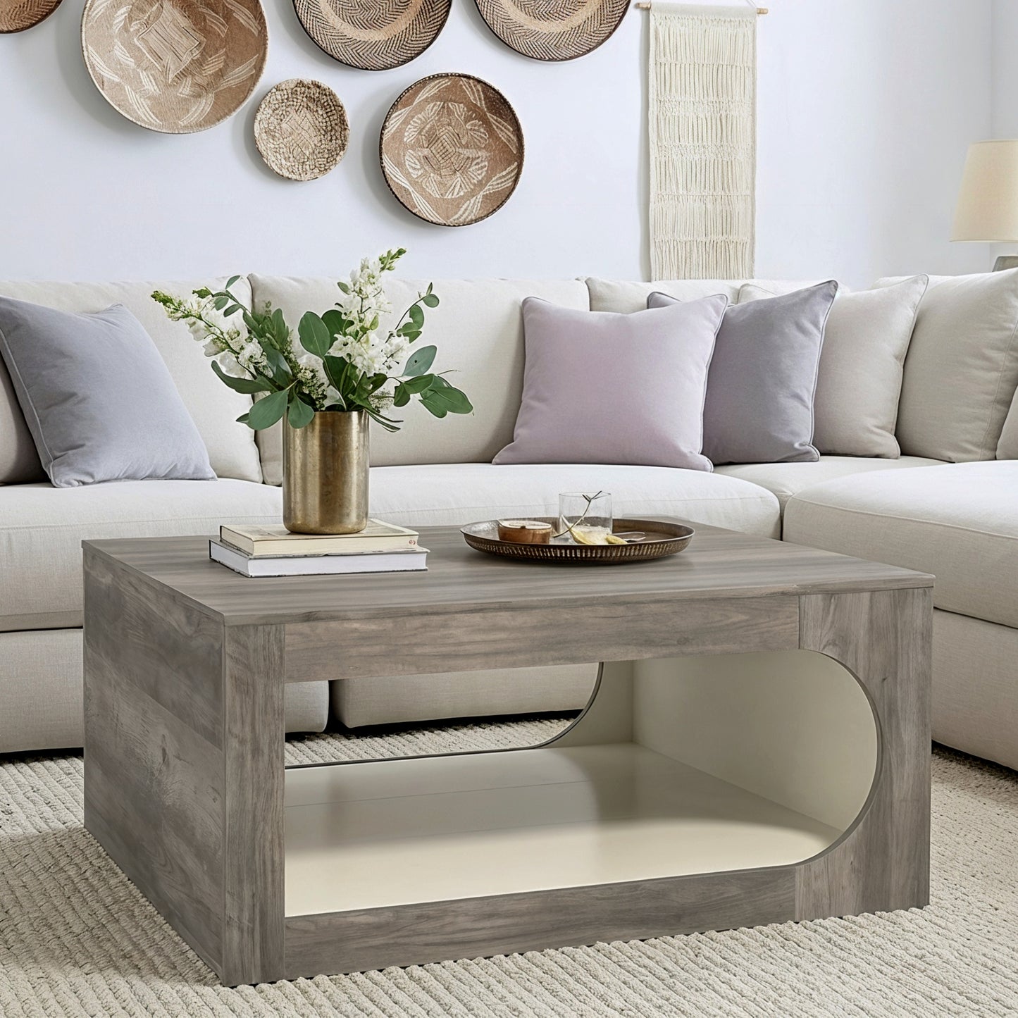 Galano Square Coffee Table with Curved Cut-Out Storage Shelf 34.8" W x 34.8" D x 16.1" H