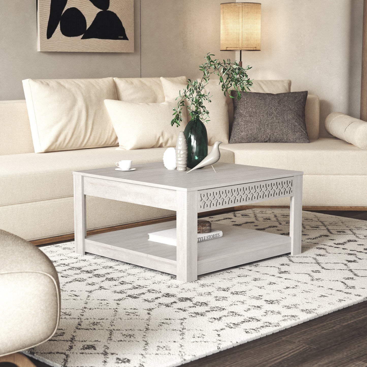 Galano Square Coffee Table with Cutout Drawer Storage 31.5" W × 31.5" D × 16.3" H