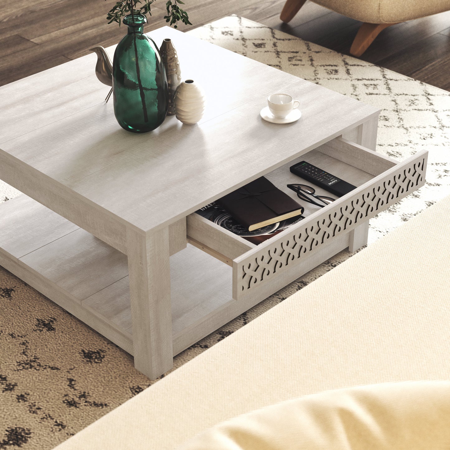 Galano Square Coffee Table with Cutout Drawer Storage 31.5" W × 31.5" D × 16.3" H