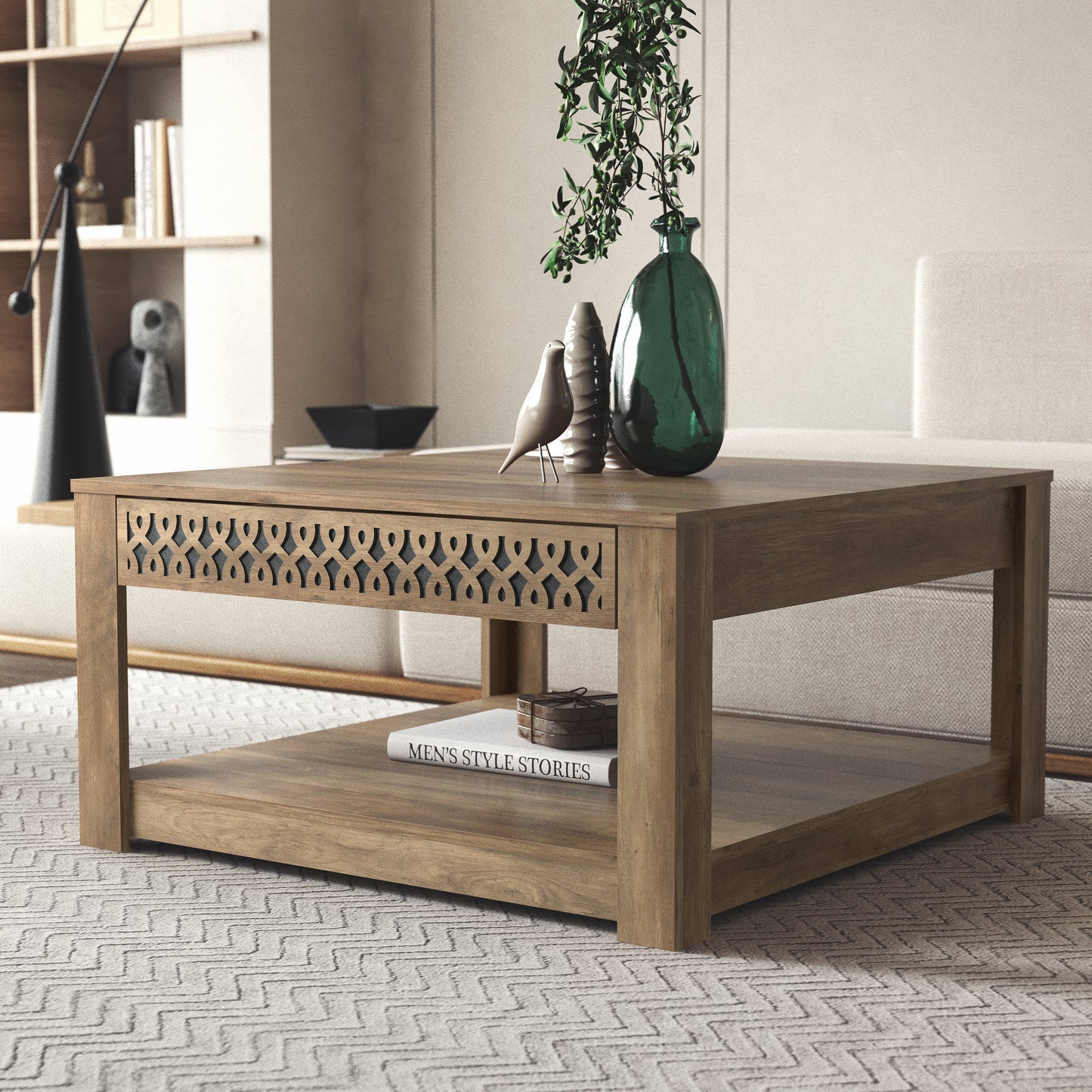 Galano Square Coffee Table with Cutout Drawer Storage 31.5" W × 31.5" D × 16.3" H