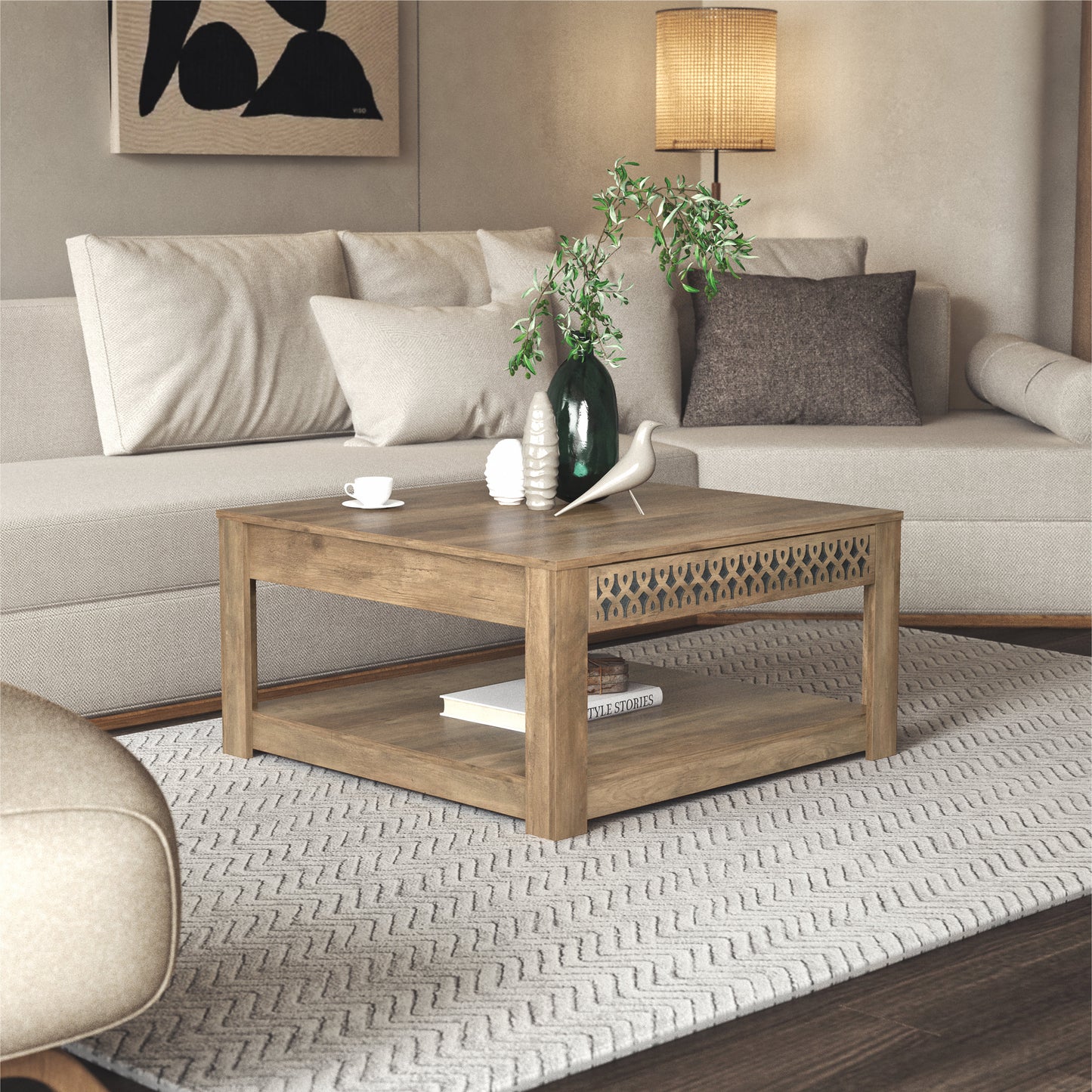 Galano Square Coffee Table with Cutout Drawer Storage 31.5" W × 31.5" D × 16.3" H