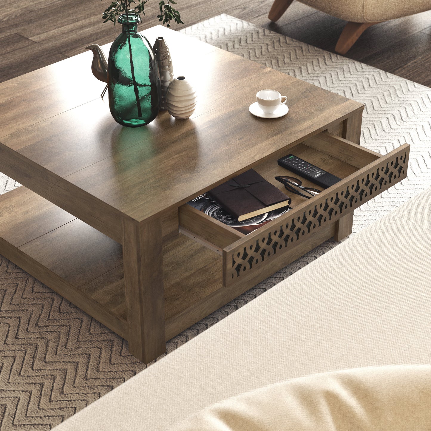 Galano Square Coffee Table with Cutout Drawer Storage 31.5" W × 31.5" D × 16.3" H