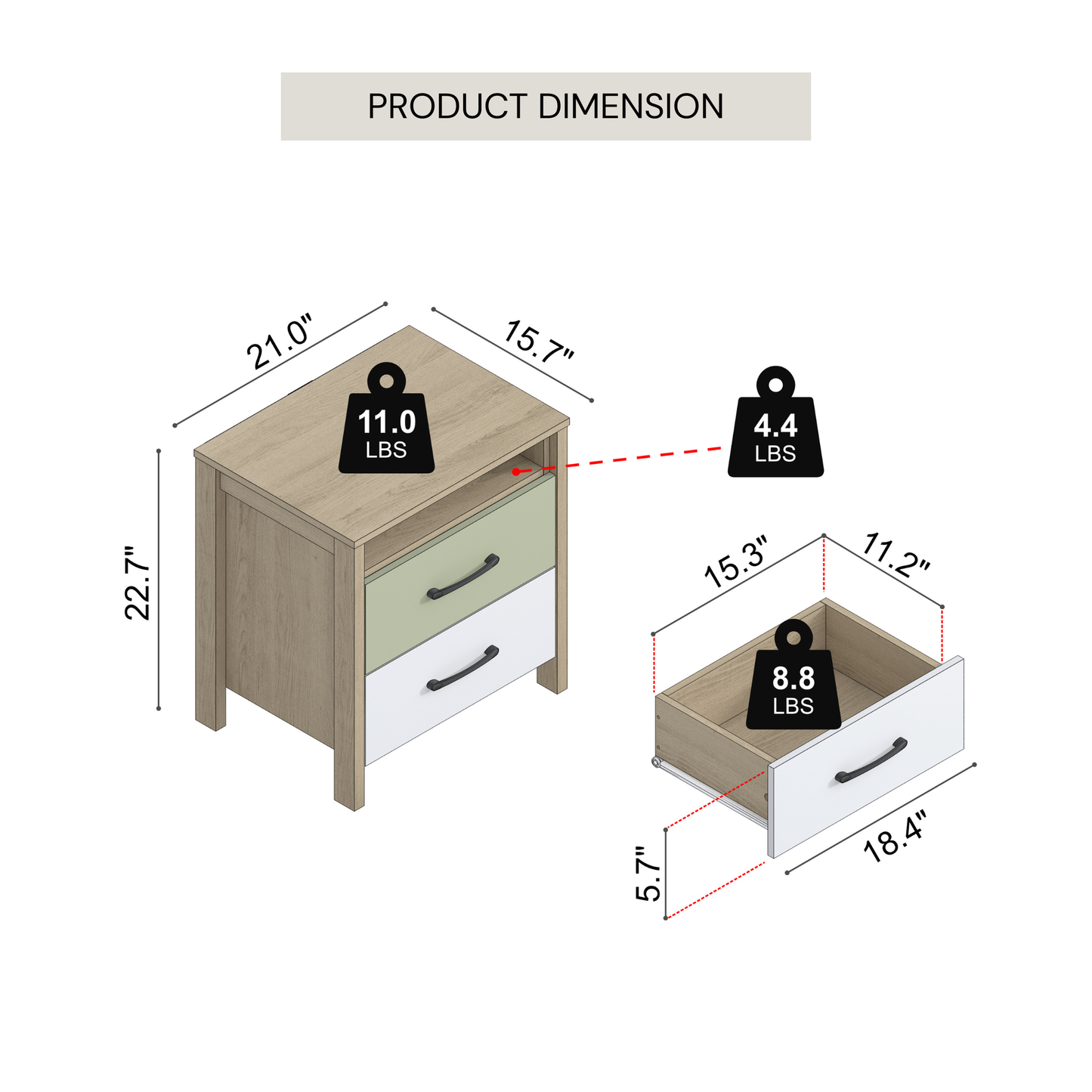 Galano Modern 2-Drawer Nightstand with Open Storage 20.9" W × 15.7" D × 22.7" H
