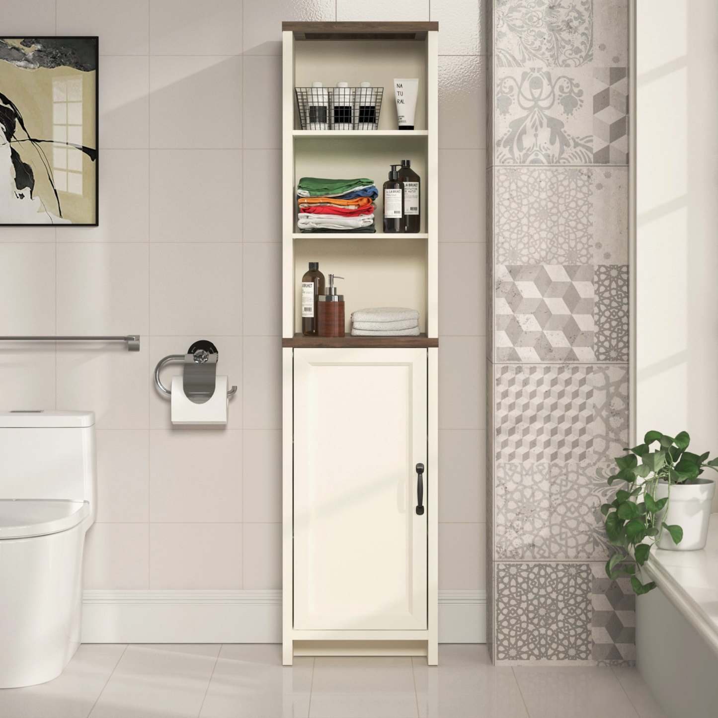 Galano Tall Bathroom Storage Cabinet with Adjustable Shelves & Closed Door, Narrow Linen Tower for Small Spaces, Ivory Knotty Oak