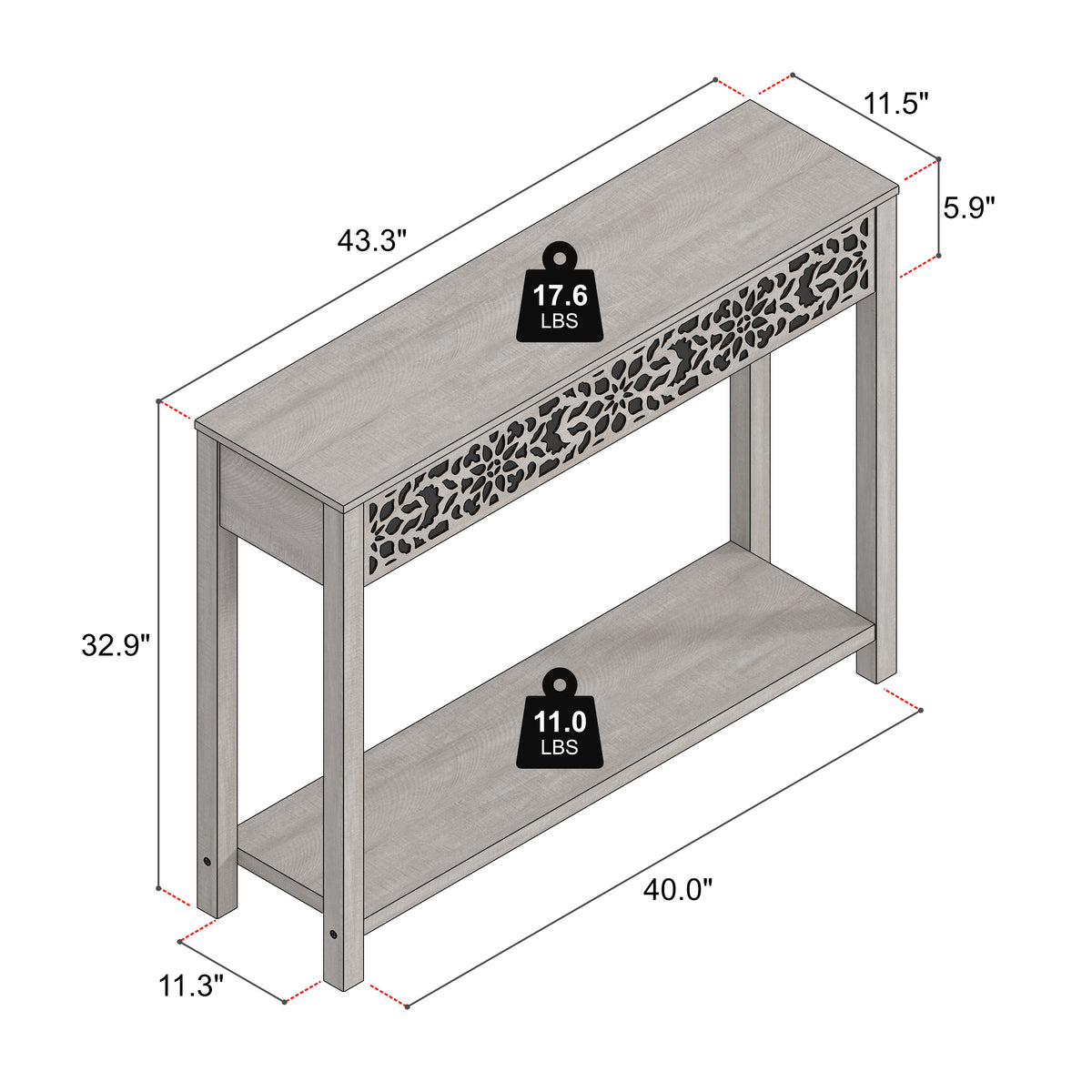 GALANO Console Table with Floral Fretwork and Open Shelf, 43.3", 1pc
