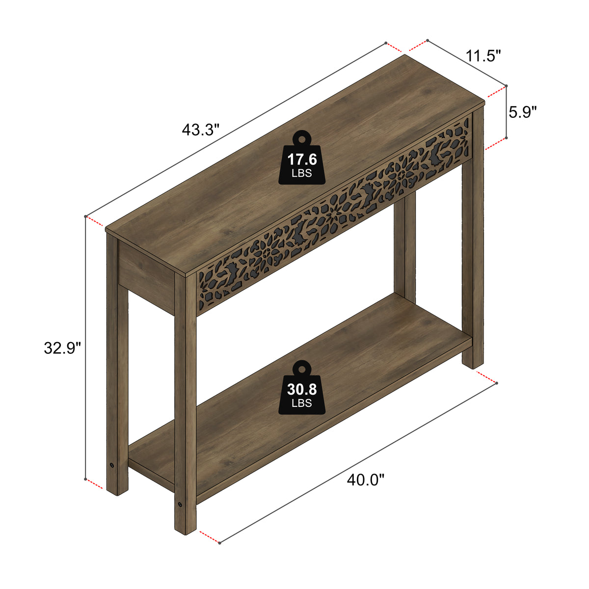 GALANO Console Table with Floral Fretwork and Open Shelf, 43.3", 1pc
